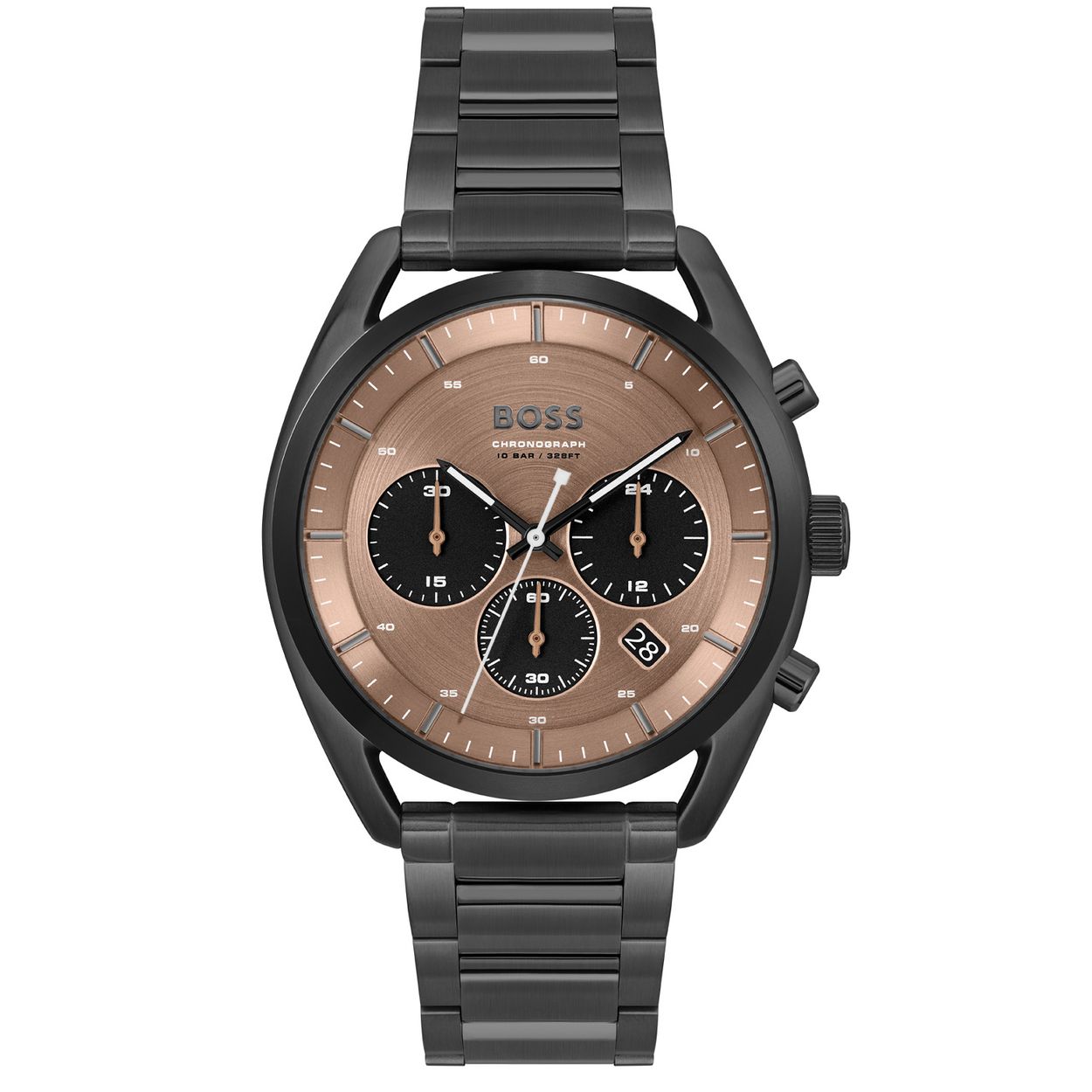 BOSS HB1514095 TOP Herenhorloge 44mm 
Dit BOSS horloge uit de TOP serie met artikelnr: HB1514095 heeft een luxe sport uitstraling. Zeer geschikt voor de moderne man van nu. Het herenhorloge valt op door zijn zwarte stalen horlogekast met een gladde donkere bezel en een bruine wijzerplaat met chronograaf, datum en 24-uursaanduiding. De fijne wijzers en de fijne uursaanduiding geven dit horloge een chique uitstraling. Het horloge heeft een schroefkroon, waardoor het horloge beter bestendig is tegen water. Aan de kast zit een zwarte stalen schakelband met een vouwsluiting. De kast van het horloge heeft een doorsnee van 44mm met mineraalglas en is 10ATM. 

HET MERK:
HUGO BOSS is afgestemd op levensstijlen waar het gaat om kwaliteit en precisie. Het wereldwijde fashionlabel is verdeeld in twee merken: BOSS en HUGO. Het merk BOSS biedt geavanceerde, moderne horloges gericht op kwaliteit en design om een onberispelijke look te creÃ«ren â of het nu zakelijk, casual of sportief is. De horloge collectie van BOSS is perfect afgestemd op levensstijlen waar het gaat om kwaliteit en precisie. BOSS is op maat gemaakt in een onberispelijke stijl.

Blijf stijlvol bij de tijd. Voor de BOSS-vrouw is stijl het handelsmerk en draait alles om
details. Breng uw look naar een hoger niveau met onze nieuwe en kenmerkende horlogecollectie.

SPECIFICATIES:
- Mineraalglas
- Ronde kastvorm, Ã 44mm
- Stalen horlogekast
- Bruine wijzerplaat
- Zwarte schakelband