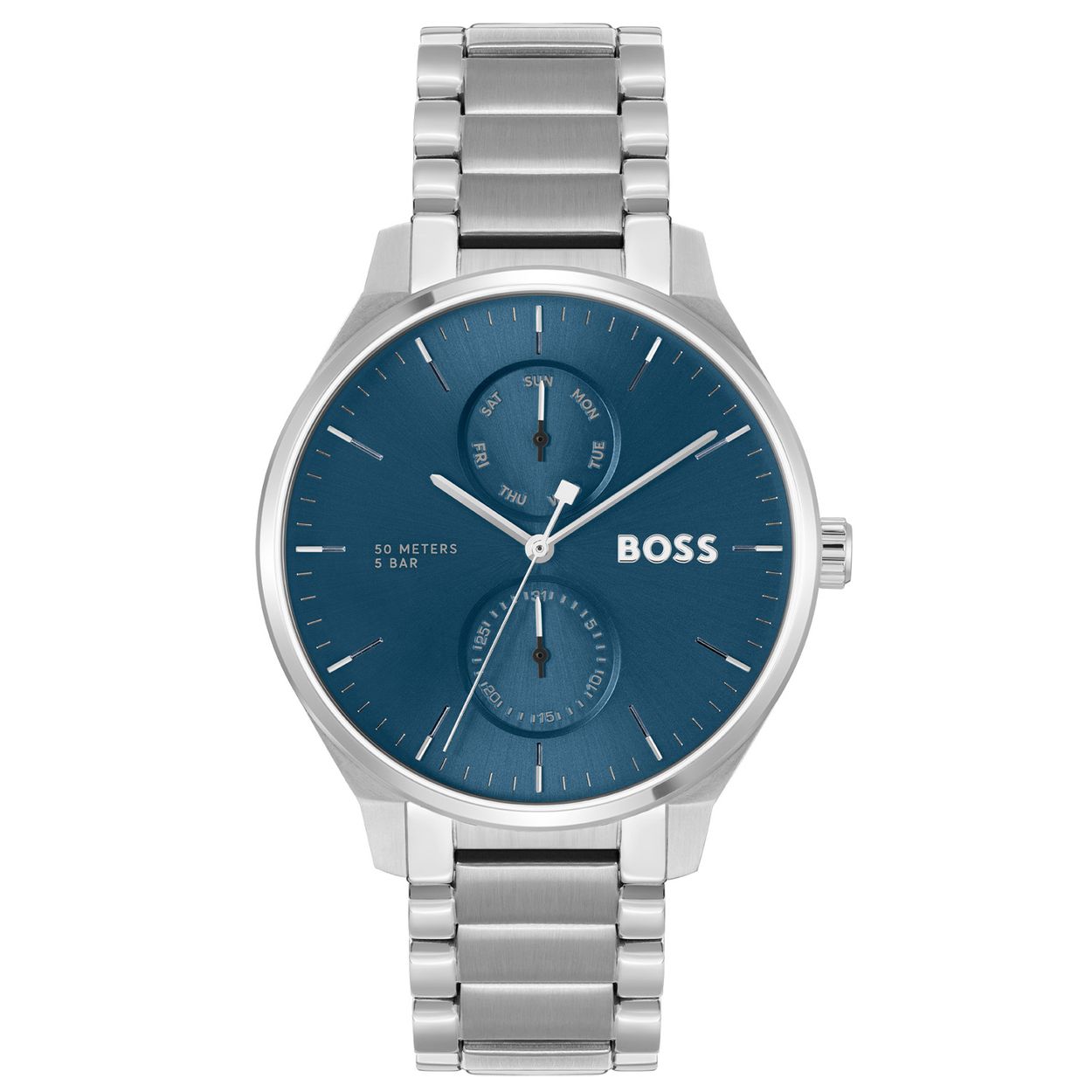 BOSS HB1514106 TYLER Herenhorloge 43mm 
Dit BOSS horloge uit de TYLER serie met artikelnr: HB1514106 heeft een luxe zakelijke uitstraling. Zeer geschikt voor de moderne stijlvolle man van nu. Het herenhorloge valt op door zijn zilverkleurige stalen horlogekast met een gladde bezel en een blauwe wijzerplaat met een dag,- en datumaanduiding in de aparte inzetrondjes. De fijne wijzers en de fijne uursaanduiding geven dit horloge een chique uitstraling. Aan de kast zit een zilverkleurige stalen schakelband met een vouwsluiting. De kast van het horloge heeft een doorsnee van 43mm met mineraalglas en is 5ATM. 

HET MERK:
HUGO BOSS is afgestemd op levensstijlen waar het gaat om kwaliteit en precisie. Het wereldwijde fashionlabel is verdeeld in twee merken: BOSS en HUGO. Het merk BOSS biedt geavanceerde, moderne horloges gericht op kwaliteit en design om een onberispelijke look te creëren – of het nu zakelijk, casual of sportief is. De horloge collectie van BOSS is perfect afgestemd op levensstijlen waar het gaat om kwaliteit en precisie. BOSS is op maat gemaakt in een onberispelijke stijl.

Blijf stijlvol bij de tijd. Voor de BOSS-vrouw is stijl het handelsmerk en draait alles om
details. Breng uw look naar een hoger niveau met onze nieuwe en kenmerkende horlogecollectie.

SPECIFICATIES:
- Mineraalglas
- Ronde kastvorm, Ø 43mm
- Stalen horlogekast
- Blauwe wijzerplaat
- Zilverkleurige schakelband