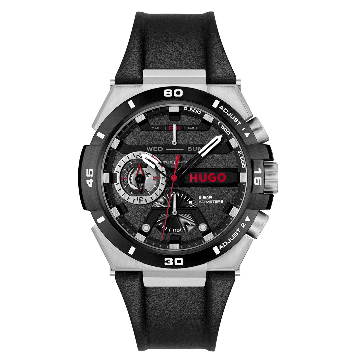 HUGO HU1530336 #WILD 46mm 
Dit HUGO horloge uit de WILD serie met artikelnr. HU1530336 is ontworpen voor de man met durf en die volledig zichzelf is in zijn eigen unieke stijl. Het herenhorloge kenmerkt zich door zijn zilverkleurige stalen ronde horlogekast met zwarte bezel. Het ontwerp valt op door zijn sportieve uitstaling en vorm, mij kan niks gebeuren. Opvallend zijn de rood en wit gekleurde accenten op de wijzers en op de opvallende zwartgrijze wijzerplaat waarop de functies van dag,- datum,- en 24-uursaanduiding aanwezig zijn. Aan de kast zit een zwarte leren band met een gespsluiting. Het stoer ogende herenhorloge heeft een mineraalglas, een doorsnee van 46mm en is 5ATM.

HET MERK:
HUGO BOSS is afgestemd op levensstijlen waar het gaat om kwaliteit en precisie. Het wereldwijde fashionlabel is verdeeld in twee merken: BOSS en HUGO. Het merk HUGO presenteert eigentijdse en vooruitstrevende designs volgens de laatste fashion trends waarmee mensen worden gestimuleerd om zichzelf te zijn. Scherp maatwerk en casual horloges gecombineerd met een progressieve attitude. HUGO horloges zijn er voor de urban en ruimdenkende man die de leiding durft te nemen. De enige regel van de HUGO-man als het om stijl gaat: zijn authentieke zelf en niets anders.

Maak kennis met de nieuwe horlogecollectie van HUGO.

SPECIFICATIES:
- Mineraalglas
- Ronde kastvorm, Ø 46mm
- Zilverkleurige horlogekast
- Zwarte wijzerplaat
- Zwarte leren band
- 5ATM