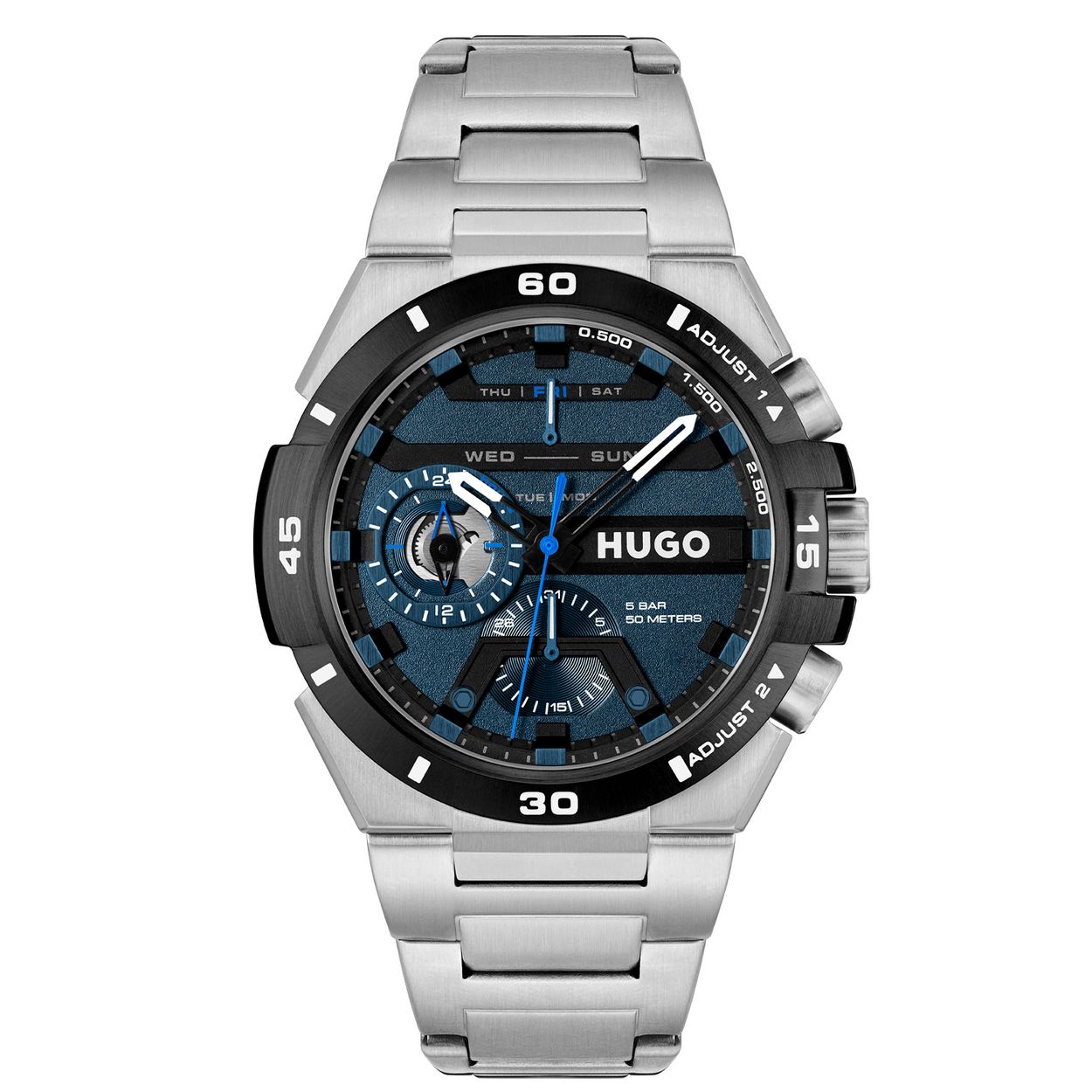 HUGO HU1530337 #WILD 46mm 
Dit HUGO horloge uit de WILD serie met artikelnr. HU1530337 is ontworpen voor de man met durf en die volledig zichzelf is in zijn eigen unieke stijl. Het herenhorloge kenmerkt zich door zijn zilverkleurige stalen ronde horlogekast met zwarte bezel. Het ontwerp valt op door zijn sportieve uitstaling en vorm, mij kan niks gebeuren. Opvallend zijn de blauw en wit gekleurde accenten op de wijzers en op de opvallende zwartblauwe wijzerplaat waarop de functies van dag,- datum,- en 24-uursaanduiding aanwezig zijn. Aan de kast zit een zilverkleurige stalen schakelband met een vouwsluiting. Het stoer ogende herenhorloge heeft een mineraalglas, een doorsnee van 46mm en is 5ATM.

HET MERK:
HUGO BOSS is afgestemd op levensstijlen waar het gaat om kwaliteit en precisie. Het wereldwijde fashionlabel is verdeeld in twee merken: BOSS en HUGO. Het merk HUGO presenteert eigentijdse en vooruitstrevende designs volgens de laatste fashion trends waarmee mensen worden gestimuleerd om zichzelf te zijn. Scherp maatwerk en casual horloges gecombineerd met een progressieve attitude. HUGO horloges zijn er voor de urban en ruimdenkende man die de leiding durft te nemen. De enige regel van de HUGO-man als het om stijl gaat: zijn authentieke zelf en niets anders.

Maak kennis met de nieuwe horlogecollectie van HUGO.

SPECIFICATIES:
- Mineraalglas
- Ronde kastvorm, Ø 46mm
- Zilverkleurige horlogekast
- Zwartblauwe wijzerplaat
- Stalen schakelband
- 5ATM