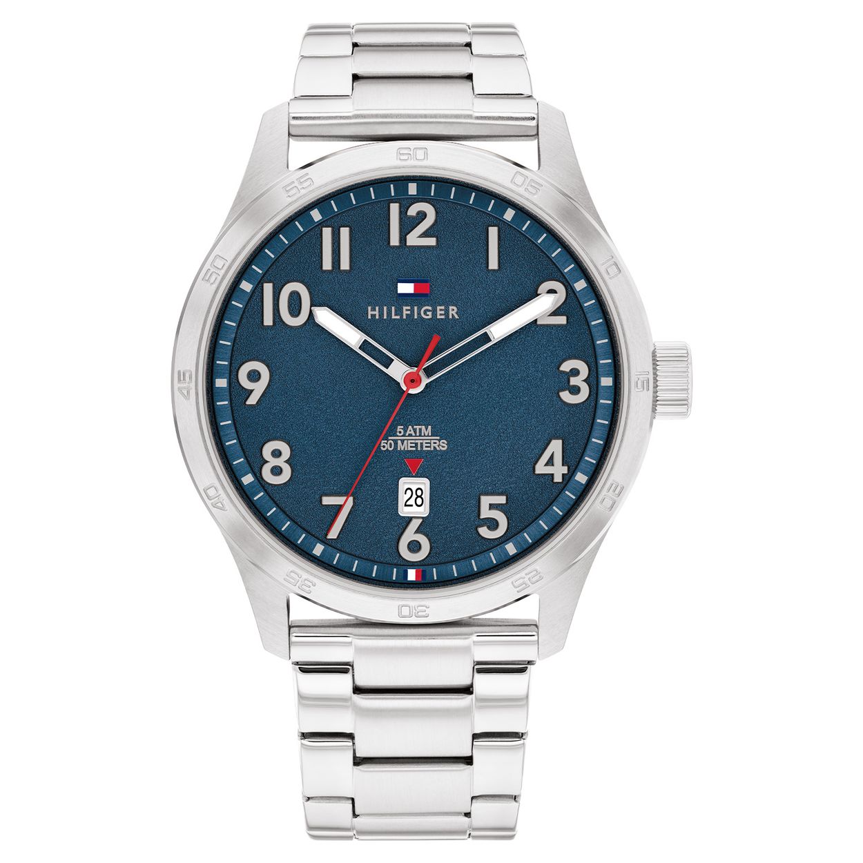 Tommy Hilfiger TH1710563 Horloge Heren Staal Zilverkleurig 43mm
Dit specifieke horloge van Tommy Hilfiger uit de Forrest serie met artikelnr: TH1710563 is een stoer herenhorloge die zeker in je collectie past. Het stalen herenhorloge heeft een ronde zilverkleurige kast met een bedrukte bezel en een blauwe wijzerplaat met een datumaanduiding en zilverkleurige wijzers en een rode secondewijzer. De zilverkleurige schakelband is op lengte verstelbaar en heeft een vouwsluiting. Het horloge heeft een mineraalglas, een doorsnee van 43mm en is 5ATM. 

Het merk:
Sinds de lancering van het merk in 1985 is Tommy Hilfiger wereldwijd bekend geworden als pionier van de klassieke Amerikaanse coole stijl. GeÃ¯nspireerd door de iconische popcultuur en het Amerikaanse erfgoed. De dames en herencollectie van dit seizoen bestaan uit minimalistische silhouetten en rustieke lederen details. De herenhorlogecollectie biedt iconische uurwerken met roestvrijstalen, lederen en siliconen banden.

Specificaties:
- Mineraalglas
- Ronde kast 43mm
- Zilverkleurige horlogekast
- Blauwe wijzerplaat
- Zilverkleurige schakelband 
- 5ATM