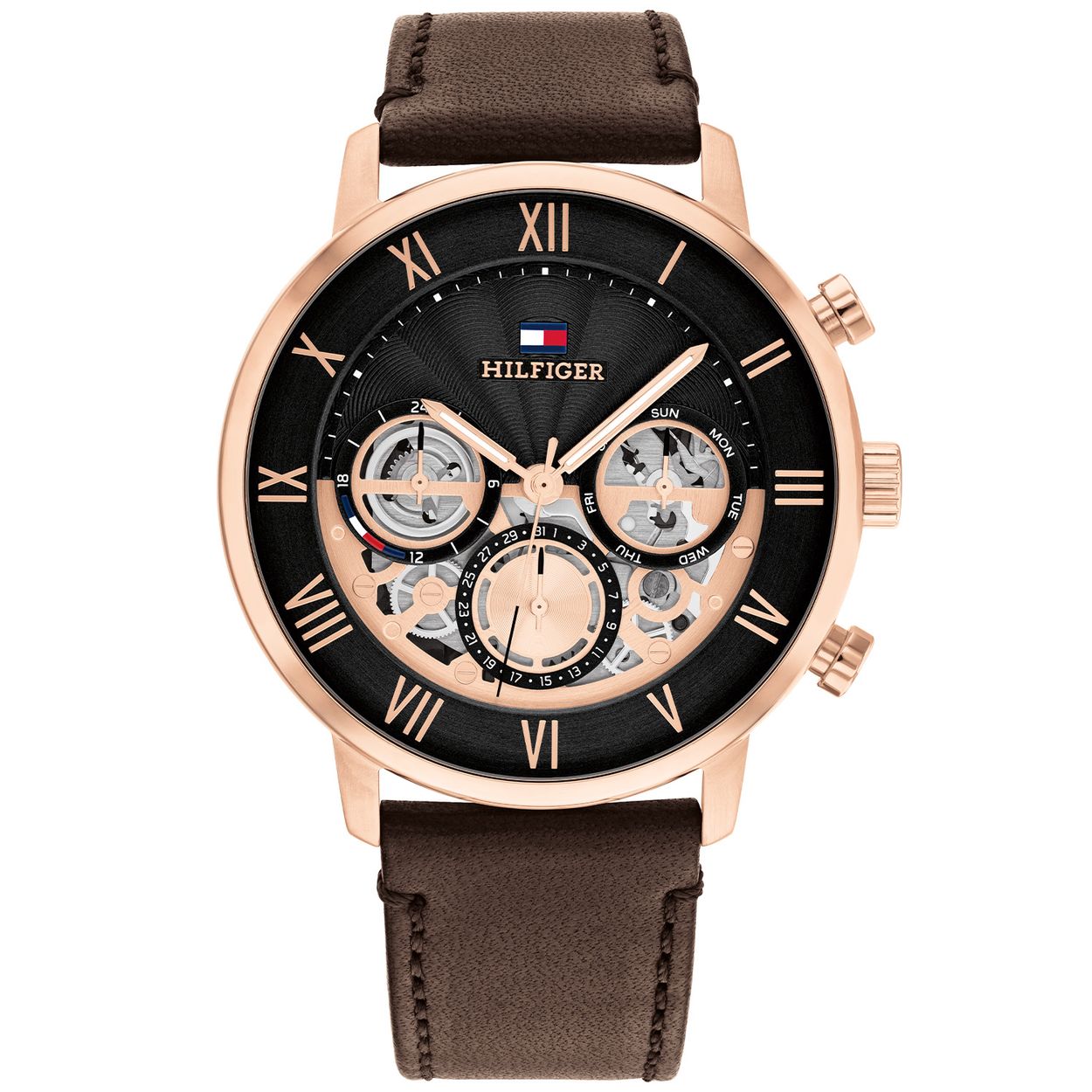 Tommy Hilfiger TH1710566 Horloge Heren Staal RosÃ©kleurig 44mm
Dit specifieke horloge van Tommy Hilfiger uit de Legend serie met artikelnr: TH1710566 is een stoer herenhorloge die zeker in je collectie past. Het stalen herenhorloge heeft een ronde rosÃ©kleurige kast met een gladde bezel en een zwarte opengewerkte wijzerplaat met dag,- datum en 24-uursaanduiding en goudkleurige wijzers en accenten. De bruine leren band is op lengte verstelbaar en heeft een gespsluiting. Het horloge heeft een mineraalglas, een doorsnee van 44mm en is 5ATM. 

Het merk:
Sinds de lancering van het merk in 1985 is Tommy Hilfiger wereldwijd bekend geworden als pionier van de klassieke Amerikaanse coole stijl. GeÃ¯nspireerd door de iconische popcultuur en het Amerikaanse erfgoed. De dames en herencollectie van dit seizoen bestaan uit minimalistische silhouetten en rustieke lederen details. De herenhorlogecollectie biedt iconische uurwerken met roestvrijstalen, lederen en siliconen banden.

Specificaties:
- Mineraalglas
- Ronde kast 44mm
- RosÃ©kleurige horlogekast
- Zwarte wijzerplaat
- Bruine leren band 
- 5ATM