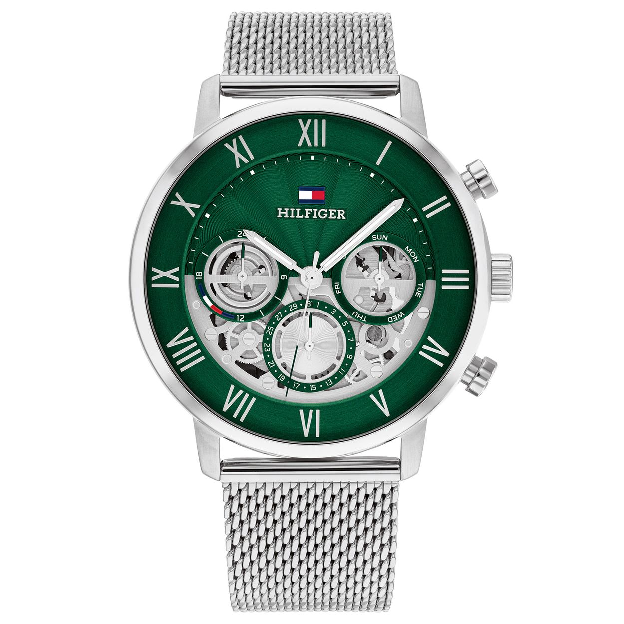 Tommy Hilfiger TH1710567 Horloge Heren Staal Zilverkleurig 44mm
Dit specifieke horloge van Tommy Hilfiger uit de Legend serie met artikelnr: TH1710567 is een stoer herenhorloge die zeker in je collectie past. Het stalen herenhorloge heeft een ronde zilverkleurige kast met een gladde bezel en een groene opengewerkte wijzerplaat met dag,- datum en 24-uursaanduiding en zilverkleurige wijzers en accenten. De zilverkleurige milanese band is op lengte verstelbaar en heeft een klepsluiting. Het horloge heeft een mineraalglas, een doorsnee van 44mm en is 5ATM. 

Het merk:
Sinds de lancering van het merk in 1985 is Tommy Hilfiger wereldwijd bekend geworden als pionier van de klassieke Amerikaanse coole stijl. Geïnspireerd door de iconische popcultuur en het Amerikaanse erfgoed. De dames en herencollectie van dit seizoen bestaan uit minimalistische silhouetten en rustieke lederen details. De herenhorlogecollectie biedt iconische uurwerken met roestvrijstalen, lederen en siliconen banden.

Specificaties:
- Mineraalglas
- Ronde kast 44mm
- Zilverkleurige horlogekast
- Groene wijzerplaat
- Zilverkleurige milanese band 
- 5ATM