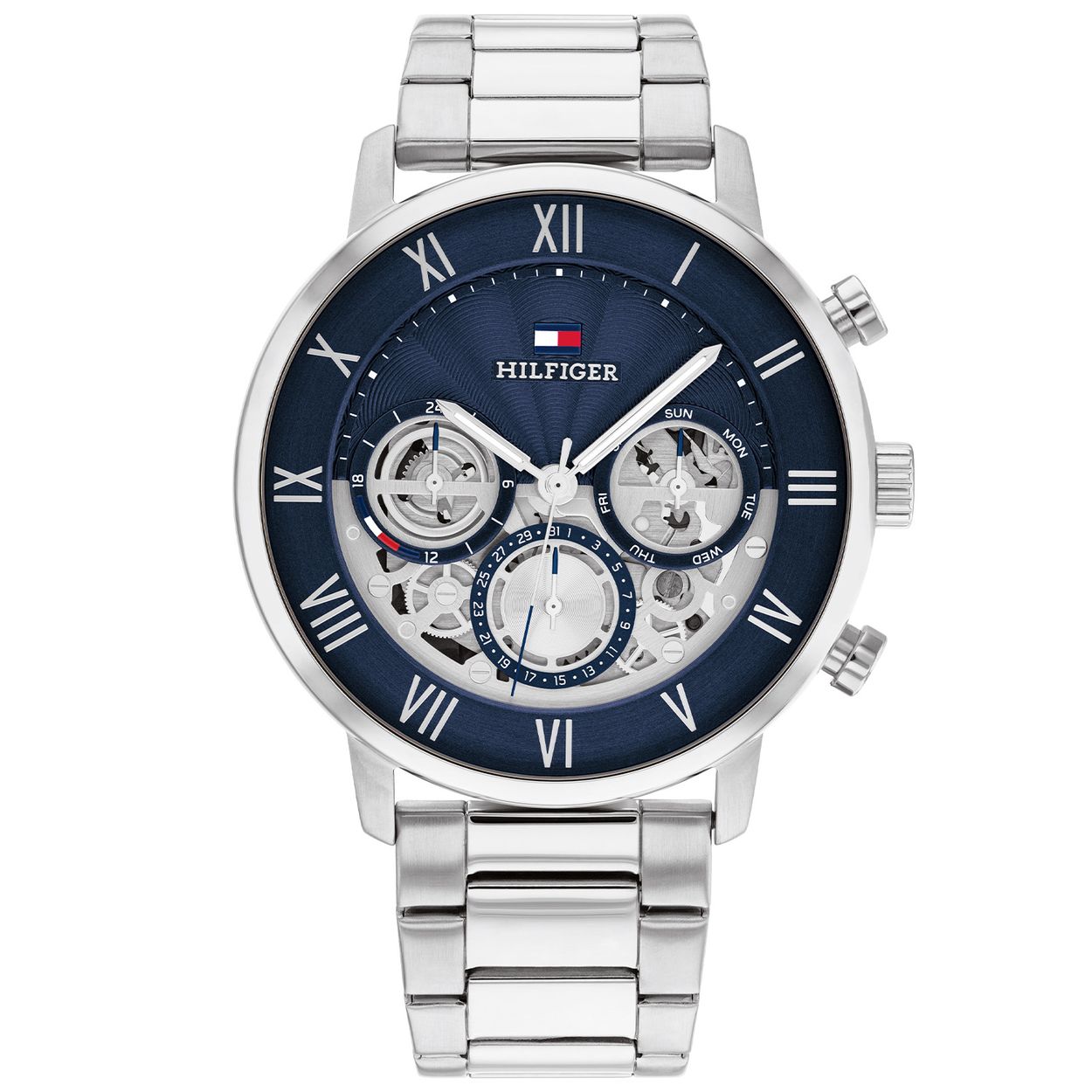 Tommy Hilfiger TH1710569 Horloge Heren Staal Zilverkleurig 44mm
Dit specifieke horloge van Tommy Hilfiger uit de Legend serie met artikelnr: TH1710569 is een stoer herenhorloge die zeker in je collectie past. Het stalen herenhorloge heeft een ronde zilverkleurige kast met een gladde bezel en een blauwe opengewerkte wijzerplaat met dag,- datum en 24-uursaanduiding en zilverkleurige wijzers en accenten. De zilverkleurige schakelband is op lengte verstelbaar en heeft een vouwsluiting. Het horloge heeft een mineraalglas, een doorsnee van 44mm en is 5ATM. 

Het merk:
Sinds de lancering van het merk in 1985 is Tommy Hilfiger wereldwijd bekend geworden als pionier van de klassieke Amerikaanse coole stijl. Geïnspireerd door de iconische popcultuur en het Amerikaanse erfgoed. De dames en herencollectie van dit seizoen bestaan uit minimalistische silhouetten en rustieke lederen details. De herenhorlogecollectie biedt iconische uurwerken met roestvrijstalen, lederen en siliconen banden.

Specificaties:
- Mineraalglas
- Ronde kast 44mm
- Zilverkleurige horlogekast
- Blauwe wijzerplaat
- Zilverkleurige schakelband 
- 5ATM