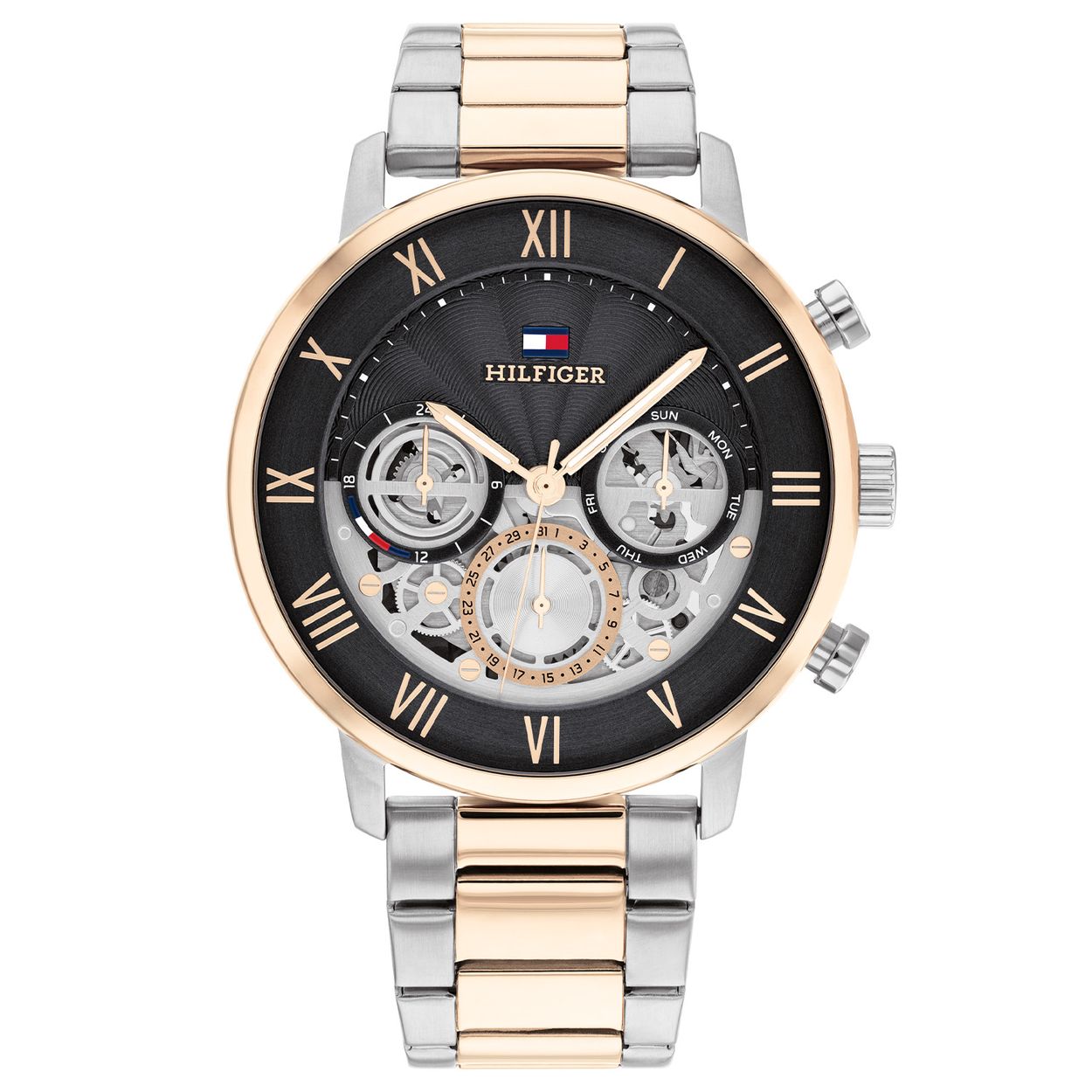 Tommy Hilfiger TH1710570 Horloge Heren Staal Bi-color 44mm
Dit specifieke horloge van Tommy Hilfiger uit de Legend serie met artikelnr: TH1710570 is een stoer herenhorloge die zeker in je collectie past. Het stalen herenhorloge heeft een ronde zilverkleurige kast met een gladde rosÃ©kleurige bezel en een grijze opengewerkte wijzerplaat met dag,- datum en 24-uursaanduiding en rosÃ©kleurige wijzers en accenten. De bi-color schakelband is op lengte verstelbaar en heeft een vouwsluiting. Het horloge heeft een mineraalglas, een doorsnee van 44mm en is 5ATM. 

Het merk:
Sinds de lancering van het merk in 1985 is Tommy Hilfiger wereldwijd bekend geworden als pionier van de klassieke Amerikaanse coole stijl. GeÃ¯nspireerd door de iconische popcultuur en het Amerikaanse erfgoed. De dames en herencollectie van dit seizoen bestaan uit minimalistische silhouetten en rustieke lederen details. De herenhorlogecollectie biedt iconische uurwerken met roestvrijstalen, lederen en siliconen banden.

Specificaties:
- Mineraalglas
- Ronde kast 44mm
- Zilverkleurige horlogekast
- Grijze wijzerplaat
- Bi-color schakelband 
- 5ATM