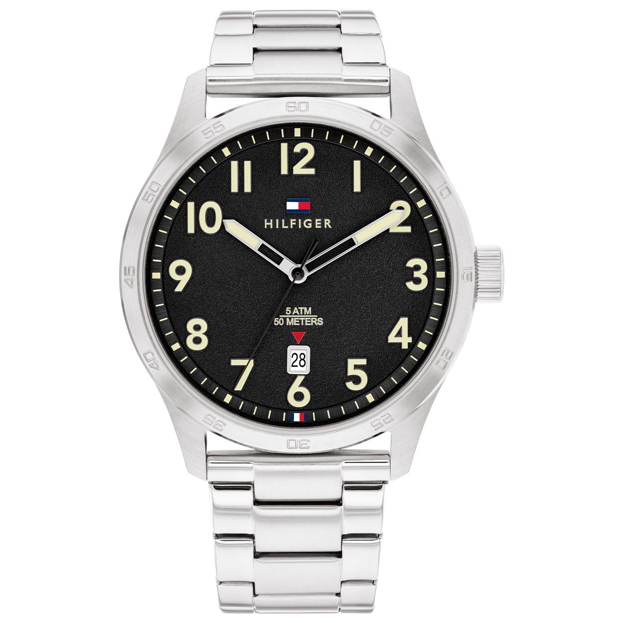 Tommy Hilfiger TH1710594 Horloge Heren Staal Zilverkleurig 43mm
Dit specifieke horloge van Tommy Hilfiger uit de Forrest serie met artikelnr: TH1710594 is een stoer herenhorloge die zeker in je collectie past. Het stalen herenhorloge heeft een ronde zilverkleurige kast met een bedrukte bezel en een zwarte wijzerplaat met een datumaanduiding en goudkleurige wijzers en een zwarte secondewijzer. De zilverkleurige schakelband is op lengte verstelbaar en heeft een vouwsluiting. Het horloge heeft een mineraalglas, een doorsnee van 43mm en is 5ATM. 

Het merk:
Sinds de lancering van het merk in 1985 is Tommy Hilfiger wereldwijd bekend geworden als pionier van de klassieke Amerikaanse coole stijl. GeÃ¯nspireerd door de iconische popcultuur en het Amerikaanse erfgoed. De dames en herencollectie van dit seizoen bestaan uit minimalistische silhouetten en rustieke lederen details. De herenhorlogecollectie biedt iconische uurwerken met roestvrijstalen, lederen en siliconen banden.

Specificaties:
- Mineraalglas
- Ronde kast 43mm
- Zilverkleurige horlogekast
- Zwarte wijzerplaat
- Zilverkleurige schakelband 
- 5ATM