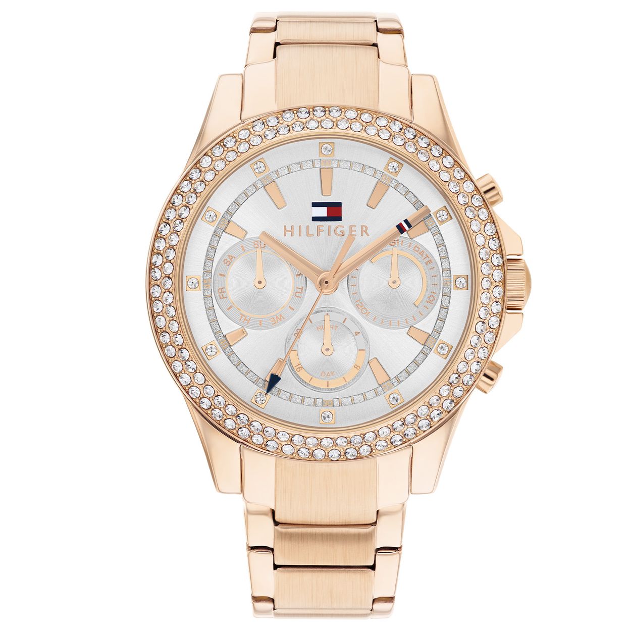 Tommy Hilfiger TH1782624 Horloge Dames Staal RosÃ©kleurig 38mm
Dit specifieke horloge van Tommy Hilfiger uit de Haven Le serie met artikelnr: TH1782624 is een sportief chic dameshorloge die zeker in je collectie past. Het stalen dameshorloge heeft een ronde rosÃ©kleurige kast met een bezel met 2 rijen zirkonia's en een zilvergrijze wijzerplaat met dag,- datum en 24-uursaanduiding en rosÃ©kleurige wijzers en accenten. De rosÃ©kleurige schakelband is op lengte verstelbaar en heeft een vouwsluiting. Het horloge heeft een mineraalglas, een doorsnee van 38mm en is 3ATM.  

Het merk:
Sinds de lancering van het merk in 1985 is Tommy Hilfiger wereldwijd bekend geworden als pionier van de klassieke Amerikaanse coole stijl. GeÃ¯nspireerd door de iconische popcultuur en het Amerikaanse erfgoed. De dames en herencollectie van dit seizoen bestaan uit minimalistische silhouetten en rustieke lederen details. De herenhorlogecollectie biedt iconische uurwerken met roestvrijstalen, lederen en siliconen banden.

Specificaties:
- Mineraalglas
- Ronde kast 38mm
- RosÃ©kleurige horlogekast
- Zilvergrijze wijzerplaat
- RosÃ©kleurige schakelband 
- 3ATM