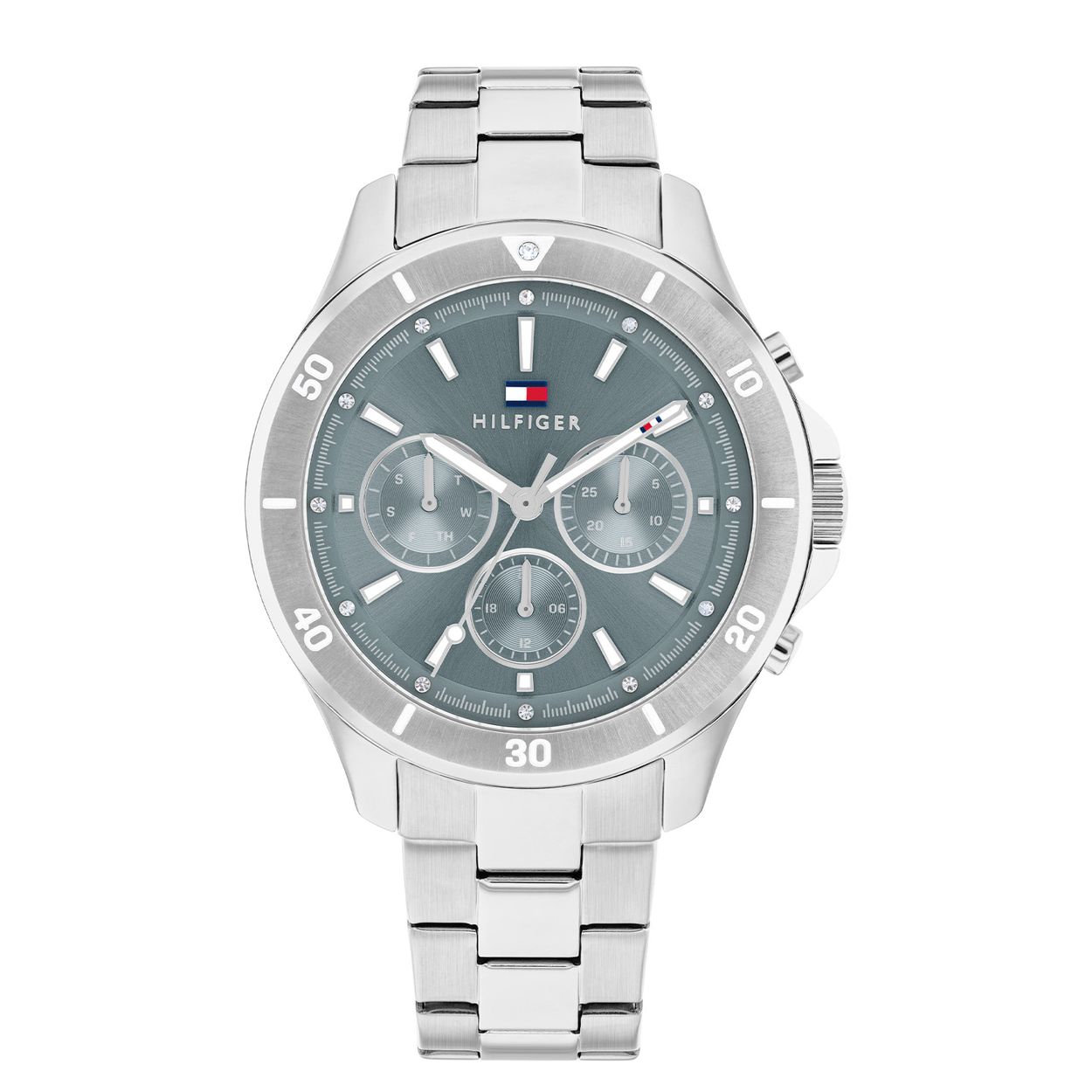 Tommy Hilfiger TH1782638 Horloge Dames Staal 38mm
Dit specifieke horloge van Tommy Hilfiger uit de Aspen serie met artikelnr: TH1782638 is een sportief horloge die zeker in je collectie past. Het stalen dameshorloge heeft een ronde zilverkleurige kast met een bewerkte bezel. Op de blauwe sunray wijzerplaat zijn kristallen in de buitenrand en is de uursaanduiding met lumibrite goed zichtbaar. Het horloge is multifunctioneel, het heeft dag,-datum en 24-uursaanduiding. Het horloge heeft een zilverkleurige schakelband, een mineraalglas, een doorsnee van 36mm en is 3ATM.  

Het merk:
Sinds de lancering van het merk in 1985 is Tommy Hilfiger wereldwijd bekend geworden als pionier van de klassieke Amerikaanse coole stijl. GeÃ¯nspireerd door de iconische popcultuur en het Amerikaanse erfgoed. De dames en herencollectie van dit seizoen bestaan uit minimalistische silhouetten en rustieke lederen details. De herenhorlogecollectie biedt iconische uurwerken met roestvrijstalen, lederen en siliconen banden.

Specificaties:
- Mineraalglas
- Ronde kast 38mm
- Zilverkleurige horlogekast
- Blauwe wijzerplaat
- Zilverkleurige schakelband
- Kristallen 
- 3ATM