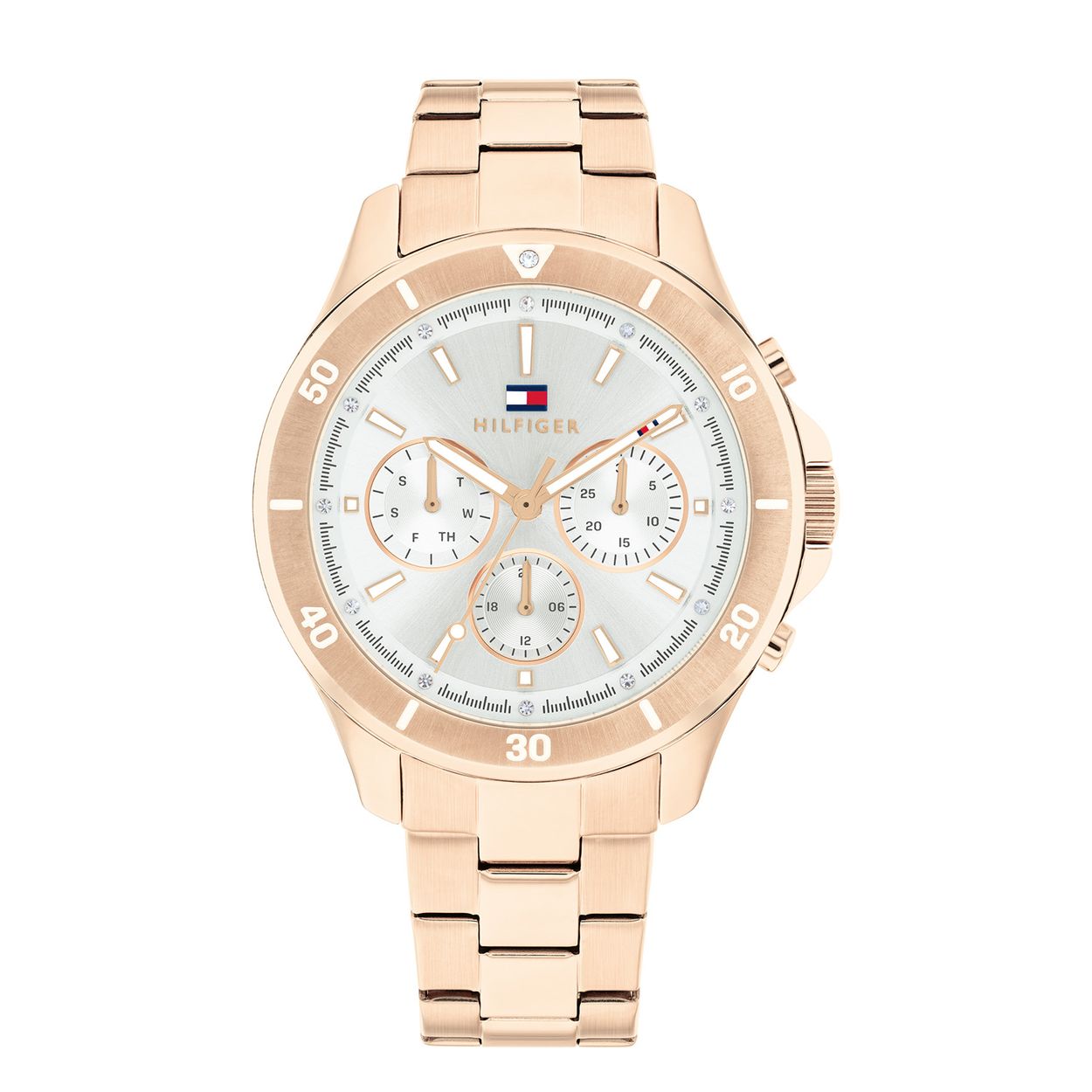 Dit  horloge van Tommy Hilfiger uit de Aspen serie is een sportief horloge die zeker in je collectie past. Het stalen dameshorloge heeft een ronde rosekleurige kast met een bewerkte bezel. Op de zilverwitte sunray wijzerplaat zijn kristallen in de buitenrand en is de uursaanduiding met lumibrite goed zichtbaar. Het horloge is multifunctioneel, het heeft dag,-datum en 24-uursaanduiding. Het horloge heeft een rosékleurige schakelband, een mineraalglas, een doorsnee van 38mm en is 3ATM.  

