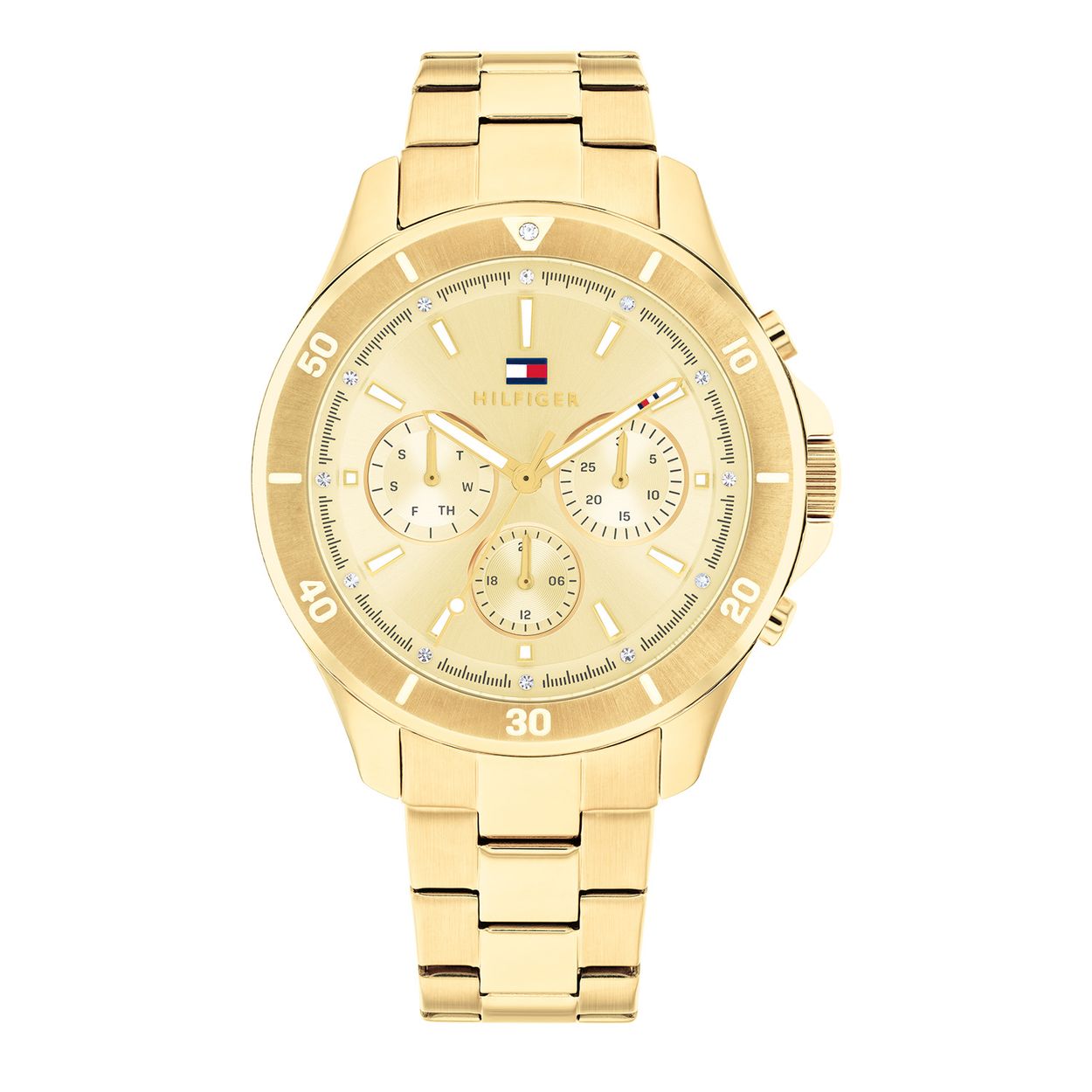 Tommy Hilfiger TH1782640 Horloge Dames Staal 38mm
Dit specifieke horloge van Tommy Hilfiger uit de Aspen serie met artikelnr: TH1782640 is een sporief horloge die zeker in je collectie past. Het stalen dameshorloge heeft een ronde goudkleurige kast met een bewerkte bezel. Op de champagne sunray wijzerplaat zijn kristallen in de buitenrand en is de uursaanduiding met lumibrite goed zichtbaar. Het horloge is multifunctioneel, het heeft dag,-datum en 24-uursaanduiding. Het horloge heeft een goudkleurige schakelband, een mineraalglas, een doorsnee van 36mm en is 3ATM.  

Het merk:
Sinds de lancering van het merk in 1985 is Tommy Hilfiger wereldwijd bekend geworden als pionier van de klassieke Amerikaanse coole stijl. GeÃ¯nspireerd door de iconische popcultuur en het Amerikaanse erfgoed. De dames en herencollectie van dit seizoen bestaan uit minimalistische silhouetten en rustieke lederen details. De herenhorlogecollectie biedt iconische uurwerken met roestvrijstalen, lederen en siliconen banden.

Specificaties:
- Mineraalglas
- Ronde kast 38mm
- Goudkleurige horlogekast
- Champagne wijzerplaat
- Goudkleurige schakelband
- Kristallen 
- 3ATM