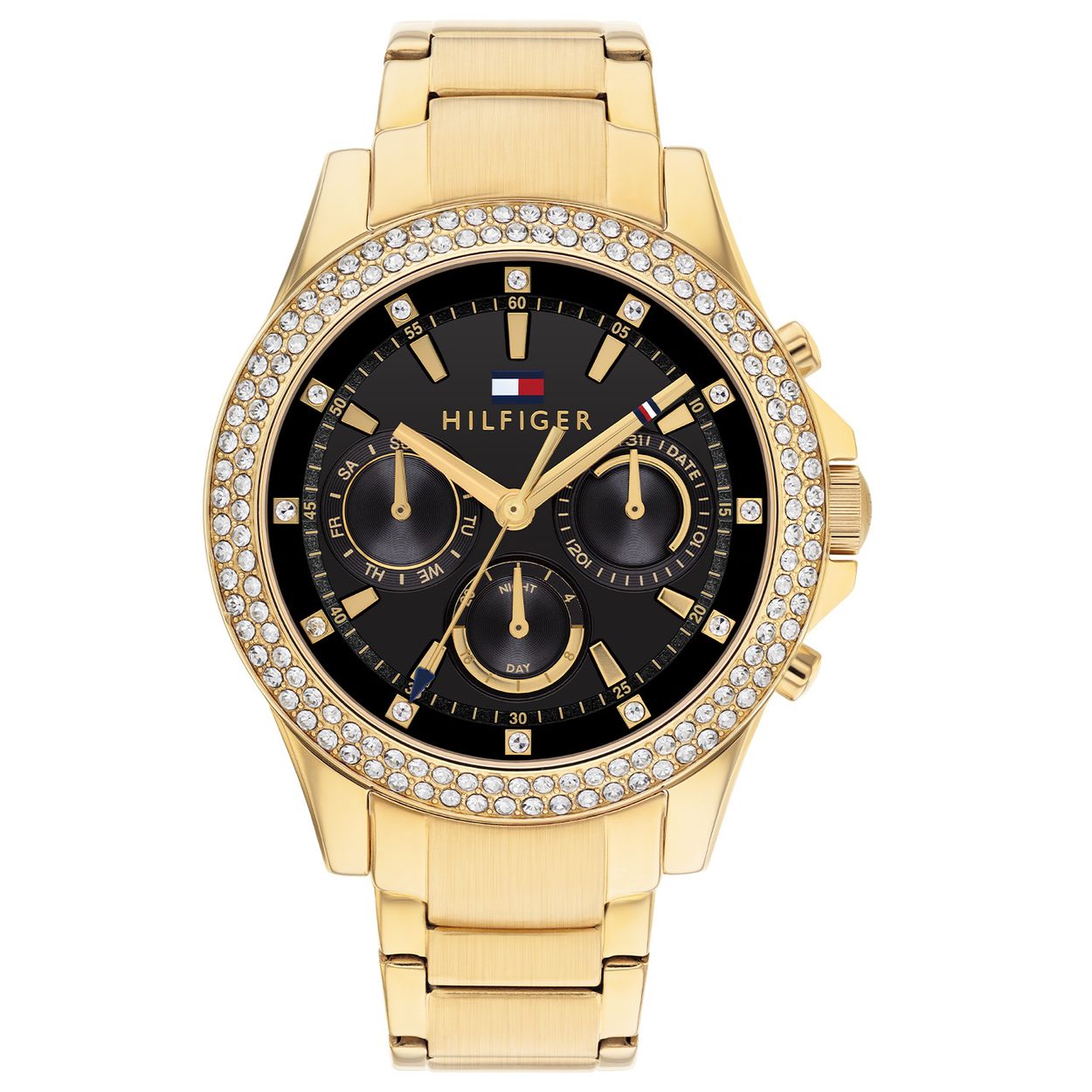 Tommy Hilfiger TH1782676 Horloge Dames Staal Goudkleurig 38mm
Dit specifieke horloge van Tommy Hilfiger uit de Haven Le serie met artikelnr: TH1782676 is een sportief chic dameshorloge die zeker in je collectie past. Het stalen dameshorloge heeft een ronde goudkleurige kast met een bezel met 2 rijen zirkonia's en een zwarte wijzerplaat met dag,- datum en 24-uursaanduiding en goudkleurige wijzers en accenten. De goudkleurige schakelband is op lengte verstelbaar en heeft een vouwsluiting. Het horloge heeft een mineraalglas, een doorsnee van 38mm en is 3ATM.  

Het merk:
Sinds de lancering van het merk in 1985 is Tommy Hilfiger wereldwijd bekend geworden als pionier van de klassieke Amerikaanse coole stijl. Geïnspireerd door de iconische popcultuur en het Amerikaanse erfgoed. De dames en herencollectie van dit seizoen bestaan uit minimalistische silhouetten en rustieke lederen details. De herenhorlogecollectie biedt iconische uurwerken met roestvrijstalen, lederen en siliconen banden.

Specificaties:
- Mineraalglas
- Ronde kast 38mm
- Goudkleurige horlogekast
- Zwarte wijzerplaat
- Goudkleurige schakelband 
- 3ATM
