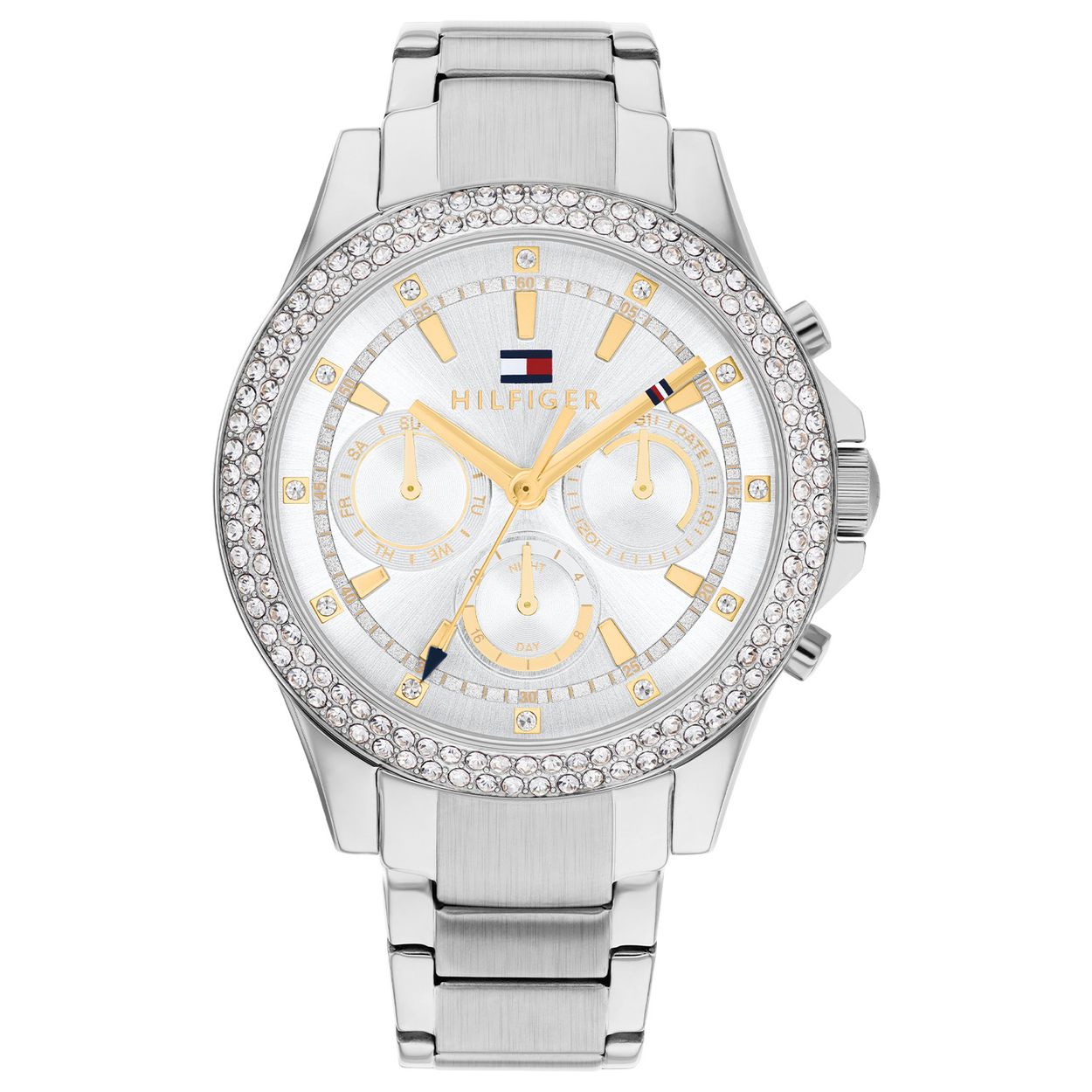 Tommy Hilfiger TH1782677 Horloge Dames Staal Zilverkleurig 38mm
Dit specifieke horloge van Tommy Hilfiger uit de Haven Le serie met artikelnr: TH1782677 is een sportief chic dameshorloge die zeker in je collectie past. Het stalen dameshorloge heeft een ronde zilverkleurige kast met een bezel met 2 rijen zirkonia's en een zilverkleurige wijzerplaat met dag,- datum en 24-uursaanduiding en goudkleurige wijzers en accenten. De zilverkleurige schakelband is op lengte verstelbaar en heeft een vouwsluiting. Het horloge heeft een mineraalglas, een doorsnee van 38mm en is 3ATM.  

Het merk:
Sinds de lancering van het merk in 1985 is Tommy Hilfiger wereldwijd bekend geworden als pionier van de klassieke Amerikaanse coole stijl. Geïnspireerd door de iconische popcultuur en het Amerikaanse erfgoed. De dames en herencollectie van dit seizoen bestaan uit minimalistische silhouetten en rustieke lederen details. De herenhorlogecollectie biedt iconische uurwerken met roestvrijstalen, lederen en siliconen banden.

Specificaties:
- Mineraalglas
- Ronde kast 38mm
- Zilverkleurige horlogekast
- Zilverkleurige wijzerplaat
- Zilverkleurige schakelband 
- 3ATM