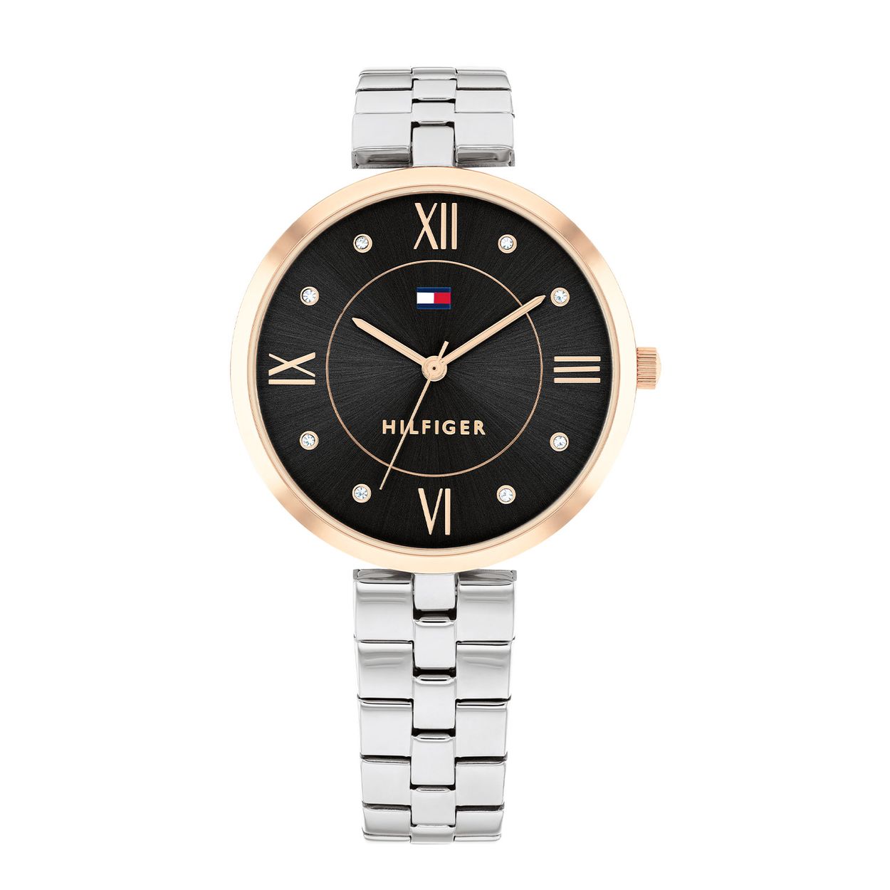 Tommy Hilfiger TH1782684 Horloge Dames Staal 34mm
Dit specifieke horloge van Tommy Hilfiger uit de Ella serie met artikelnr: TH1782684 is een elegant horloge die zeker in je collectie past. Het stalen dameshorloge heeft een ronde zilverkleurige kast met een gladde rosÃ©kleurige bezel. Op de zwarte wijzerplaat zijn 8 kristallen als uursaanduiding op de 1, 2, 4, 5, 7, 8, 10 en 11 geplaatst. De wijzers zijn op een minimalistische manier zichtbaar. De zilverkleurige stalen schakelband is met een speciale T-aanzet aan het horloge bevestigd. Verder heeft het een mineraalglas, een doorsnee van 34mm en is 3ATM.  
