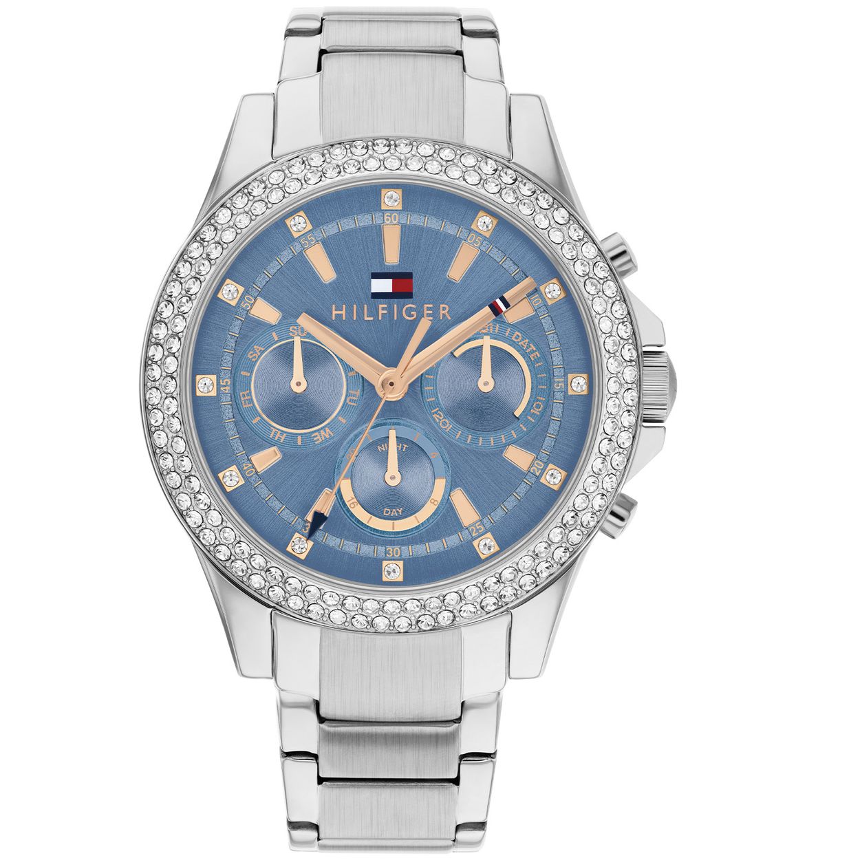 Tommy Hilfiger TH1782690 Horloge Dames Staal Zilverkleurig 38mm
Dit specifieke horloge van Tommy Hilfiger uit de Haven Le serie met artikelnr: TH1782690 is een sportief chic dameshorloge die zeker in je collectie past. Het stalen dameshorloge heeft een ronde zilverkleurige kast met een bezel met 2 rijen zirkonia's en een blauwe wijzerplaat met dag,- datum en 24-uursaanduiding en rosékleurige wijzers en accenten. De zilverkleurige schakelband is op lengte verstelbaar en heeft een vouwsluiting. Het horloge heeft een mineraalglas, een doorsnee van 38mm en is 3ATM.  

Het merk:
Sinds de lancering van het merk in 1985 is Tommy Hilfiger wereldwijd bekend geworden als pionier van de klassieke Amerikaanse coole stijl. Geïnspireerd door de iconische popcultuur en het Amerikaanse erfgoed. De dames en herencollectie van dit seizoen bestaan uit minimalistische silhouetten en rustieke lederen details. De herenhorlogecollectie biedt iconische uurwerken met roestvrijstalen, lederen en siliconen banden.

Specificaties:
- Mineraalglas
- Ronde kast 38mm
- Zilverkleurige horlogekast
- Blauwe wijzerplaat
- Zilverkleurige schakelband 
- 3ATM