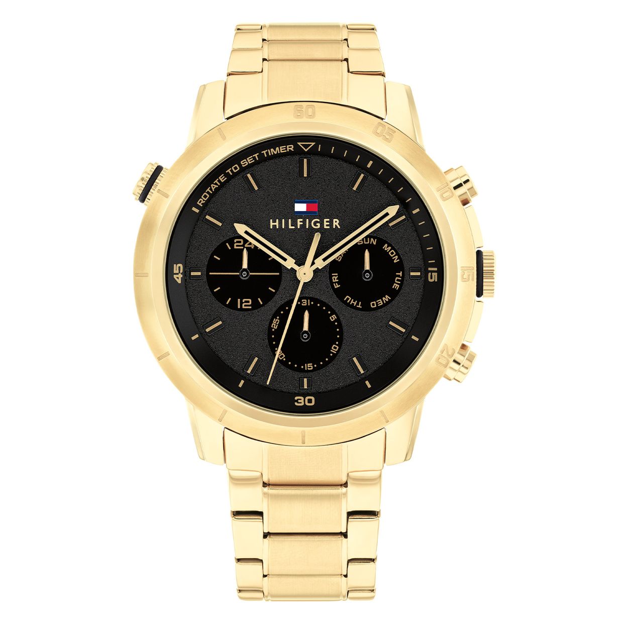 Tommy Hilfiger TH1792109 Horloge Heren Staal 46mm
Dit specifieke horloge van Tommy Hilfiger uit de Troy serie met artikelnr: TH1792109 is een opvallend horloge die zeker in je collectie past. Het herenhorloge heeft een goudkleurige gerecyclede kast met een bewerkte draaibare bezel. Op de zwarte wijzerplaat zijn de datum,- dag en 24-uursaanduiding extra benadrukt. Het horloge heeft een extra knop voor de timer functie die met de draaibare bezel in werking staat. De wijzers hebben een lumibrite vulling en vallen daardoor goed op. Aan het stoere horloge zit een goudkleurige mat glimmende schakelband. Verder heeft het een mineraalglas, een doorsnee van 46mm en is 5ATM.  

Het merk:
Sinds de lancering van het merk in 1985 is Tommy Hilfiger wereldwijd bekend geworden als pionier van de klassieke Amerikaanse coole stijl. Geïnspireerd door de iconische popcultuur en het Amerikaanse erfgoed. De dames en herencollectie van dit seizoen bestaan uit minimalistische silhouetten en rustieke lederen details. De herenhorlogecollectie biedt iconische uurwerken met roestvrijstalen, lederen en siliconen banden.

Specificaties:
- Mineraalglas
- Ronde kast 46mm
- Goudkleurige gerecyclede kast
- Zwarte wijzerplaat
- Goudkleurige schakelband
- Timer 
- 5ATM