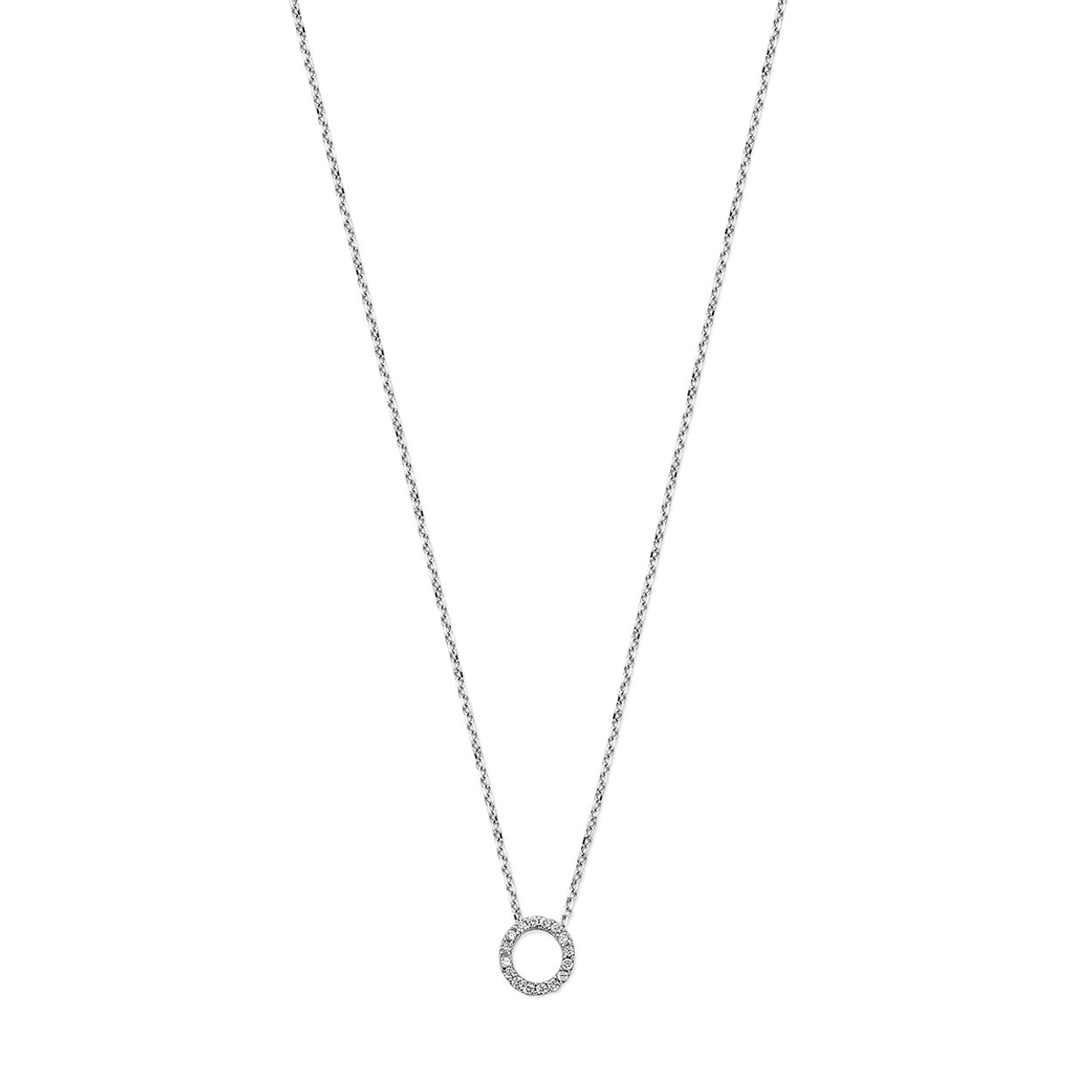 14k Witgouden collier uitgevoerd met een rondje en diamanten. Het collier heeft draaglengtes van 42 en 45 cm. De schakelbreedte is 1.0mm.