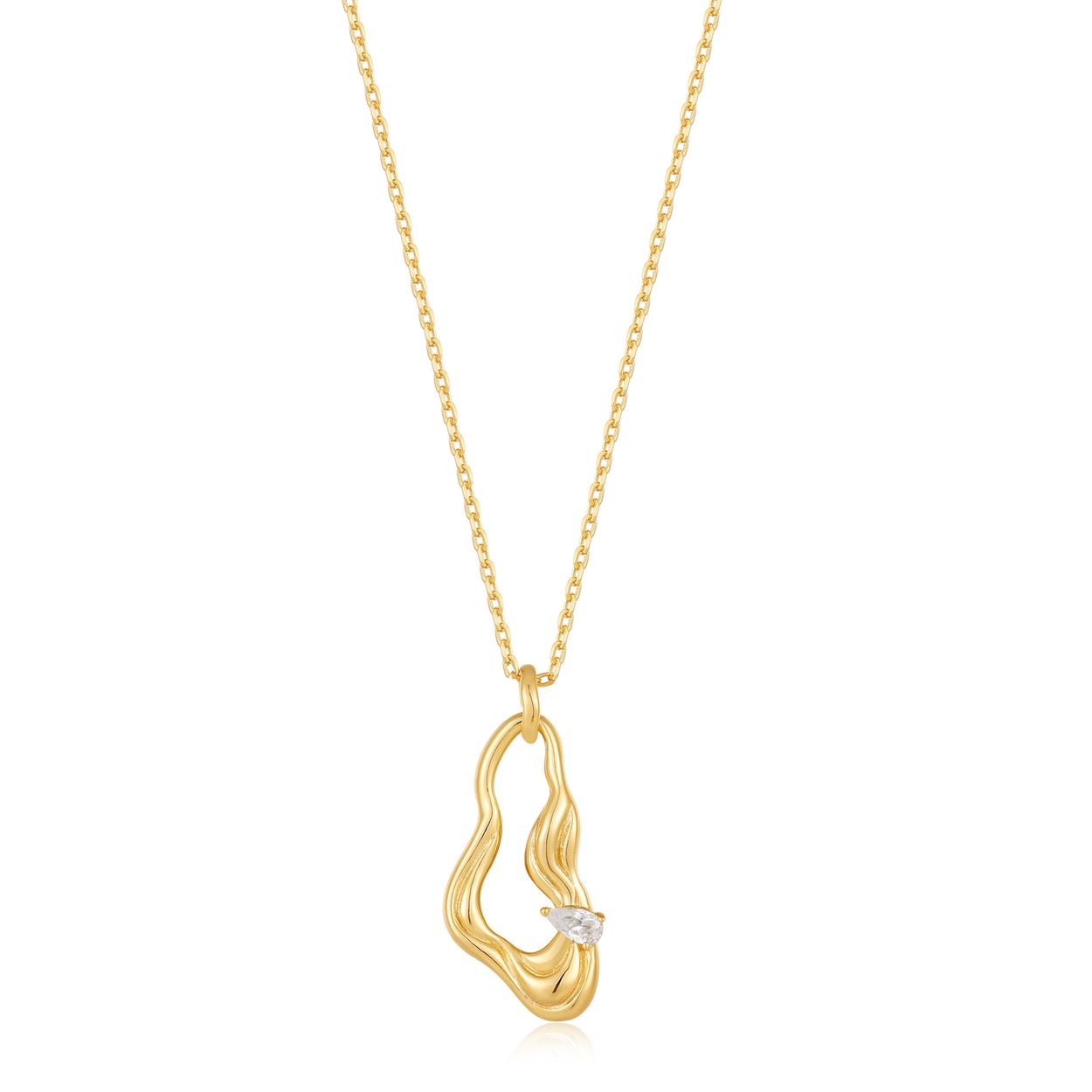 Geïnspireerd door organische vormen, is deze opvallende halsketting met statement-hanger afgewerkt met een zirkonia voor een vleugje sprankeling. Vervaardigd van 14-karaats verguld zilver en bevestigd aan een eenvoudige en delicate ketting, het detail zit hem in de multidimensionale druppelhanger, gevormd door natuurlijke golven en wendingen. Super veelzijdig en super chique. De perfecte aanvulling op je garderobe voor het nieuwe seizoen. Draag gewoon op zichzelf, of combineer met meerdere andere sieraden van Ania Haie.