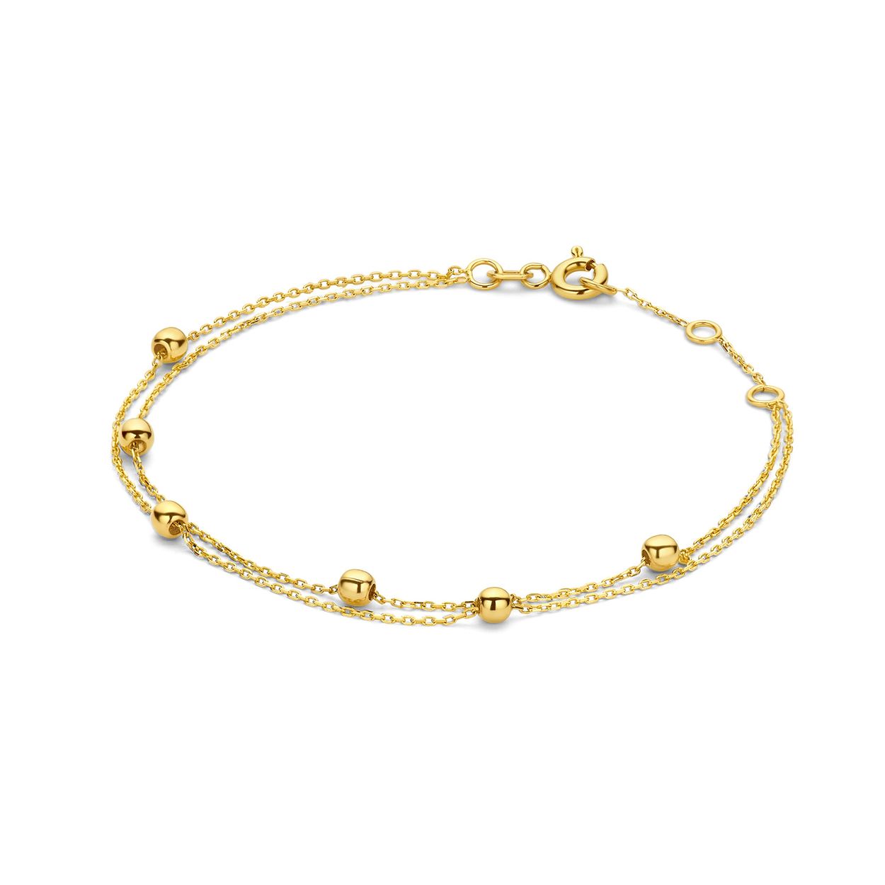 Double Bubble Bracelet 
Two for one met deze 14K gouden Double Bubble Bracelet! Een fijne dubbele gouden armband bestaande uit 2 strengen. 1 glad gouden schakel en 1 met gouden tussenstukjes. De stengen komen samen bij de sluiting. Mooi te combineren met de ketting en andere sieraden van Jackie voor een trendy look!

Treasures of London 
Londen is de stad van biscuits and tea, rode dubbeldekkers en telefooncellen, zwarte taxi’s en natuurlijk de iconische bezienswaardigheden zoals Big Ben, Tower Bridge en Buckingham Palace. De bruisende metropool aan de oevers van de Theems is de inspiratie geweest voor Jackie’s nieuwste 14 karaat gouden sieradencollectie. Tijdens haar reis naar London heeft Jackie genoten van geschiedenis, cultuur en tradities. Dit vind je terug in de nieuwe collectie ‘Treasures of London’!

Specificaties
- Armband
- Materiaal: 14 Karaat - Geelgoud - 585
- Lengte verstelbaar: 16 - 18cm
- Artikelnummer: JKB23.351
