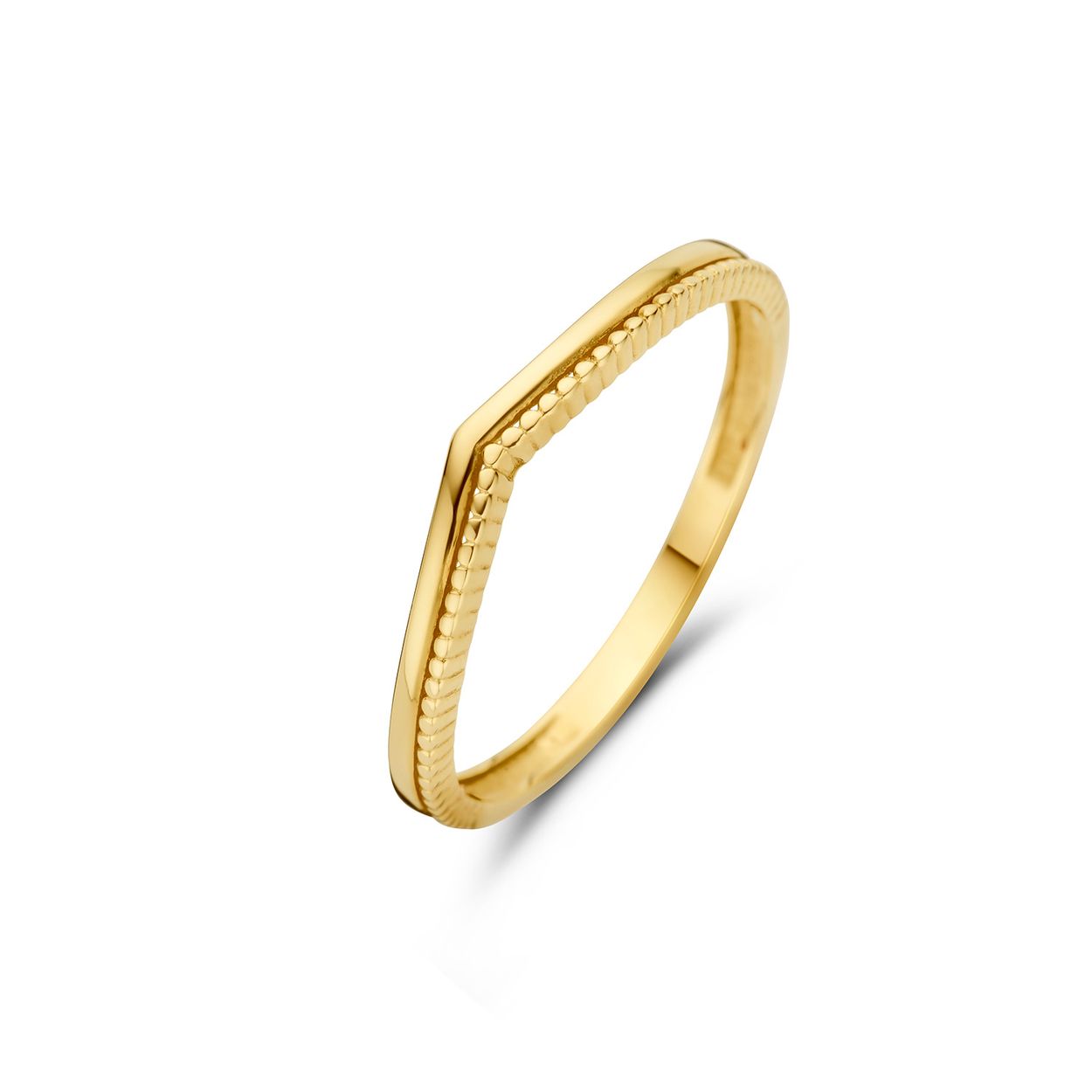 Windsor Ring Hoog aanzien met deze 14K gouden Windsor Ring. De fijne ring heeft aan de bovenkant een v-vormmet 2 banden Een daarvan is glad en de andere heeft een parelrand, dit is een uitstraling vol klasse.Mooi te combineren met de andere sieraden van Jackie voor een trendy look! Treasures of London Londen is de stad van biscuits and tea, rode dubbeldekkers en telefooncellen, zwarte taxi’s en natuurlijk de iconische bezienswaardigheden zoals Big Ben, Tower Bridge en Buckingham Palace. De bruisende metropool aan de oevers van de Theems is de inspiratie geweest voor Jackie’s nieuwste 14 karaat gouden sieradencollectie. Tijdens haar reis naar London heeft Jackie genoten van geschiedenis, cultuur en tradities. Dit vind je terug in de nieuwe collectie ‘Treasures of London’! Specificaties - Ring maat 56 - Materiaal: 14 Karaat - Geelgoud - 585 - V-vorm 2mm - Artikelnummer: JKR23.370
