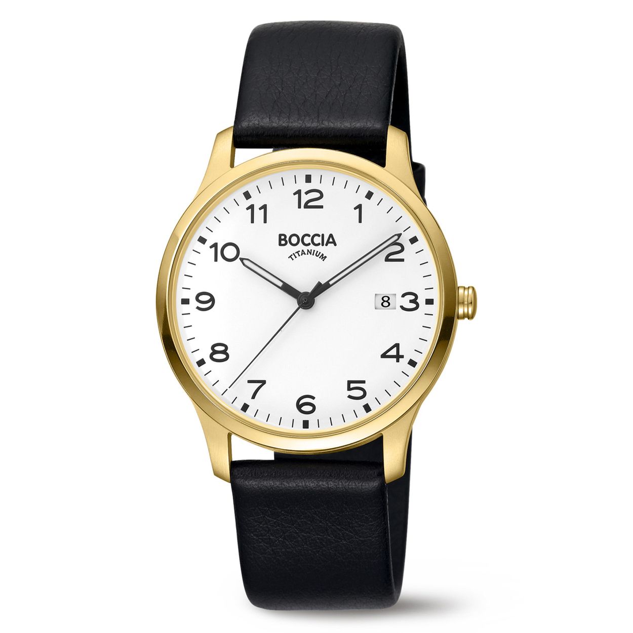 Boccia Titanium 3620-08 Heren 
Dit herenhorloge van Boccia heeft een unieke uitstraling en een chique uiterlijk. De 3620-08 heeft een ronde goudkleurige titanium horlogekast met een diameter van 39mm en een witte wijzerplaat met een datum en zwarte uursaanduiding. Aan de titanium kast zit een zwarte lerenband met een goudkleurige gespsluiting. Het horloge heeft een mineraalglas en is 5ATM. Of je nu sportief of chique gekleed gaat, dit horloge past bij elke outfit en iedere gelegenheid!

HET MERK
Boccia Titanium is het titanium merk van Nederland, dat zijn oorsprong in Duitsland vindt en is opgericht in het jaar 1992. Ontwikkeld door internationale ontwerpers. Alle titanium componenten van de BOCCIA TITANIUM collectie zijn gemaakt van 99,7% puur titanium; het bijzondere materiaal. Het is licht in gewicht, neemt de temperatuur van de huid aan en is zeer huidvriendelijk. Bovendien is het corrosie- en temperatuurbestendig.

SPECIFICATIES
- Mineraalglas
- Ronde titanium horlogekast, Ø 39mm
- Zwarte lerenband
- Witte wijzerplaat 
- Datum
- 5ATM