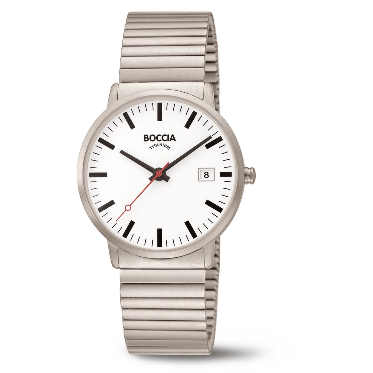 Boccia Titanium 3622-04 Heren 
Dit herenhorloge van Boccia heeft een unieke uitstraling en een chique uiterlijk. De 3622-04 heeft een ronde titanium horlogekast met een diameter van 38mm en een witte wijzerplaat met een datum en zwarte uursaanduiding en een rode secondewijzer. Aan de titanium kast zit een zilverkleurige rekband. Het horloge heeft een mineraalglas en is 5ATM. Of je nu sportief of chique gekleed gaat, dit horloge past bij elke outfit en iedere gelegenheid!

HET MERK
Boccia Titanium is het titanium merk van Nederland, dat zijn oorsprong in Duitsland vindt en is opgericht in het jaar 1992. Ontwikkeld door internationale ontwerpers. Alle titanium componenten van de BOCCIA TITANIUM collectie zijn gemaakt van 99,7% puur titanium; het bijzondere materiaal. Het is licht in gewicht, neemt de temperatuur van de huid aan en is zeer huidvriendelijk. Bovendien is het corrosie- en temperatuurbestendig.

SPECIFICATIES
- Mineraalglas
- Ronde titanium horlogekast, Ø 38mm
- Zilverkleurige rekband
- Witte wijzerplaat 
- Datum
- 5ATM