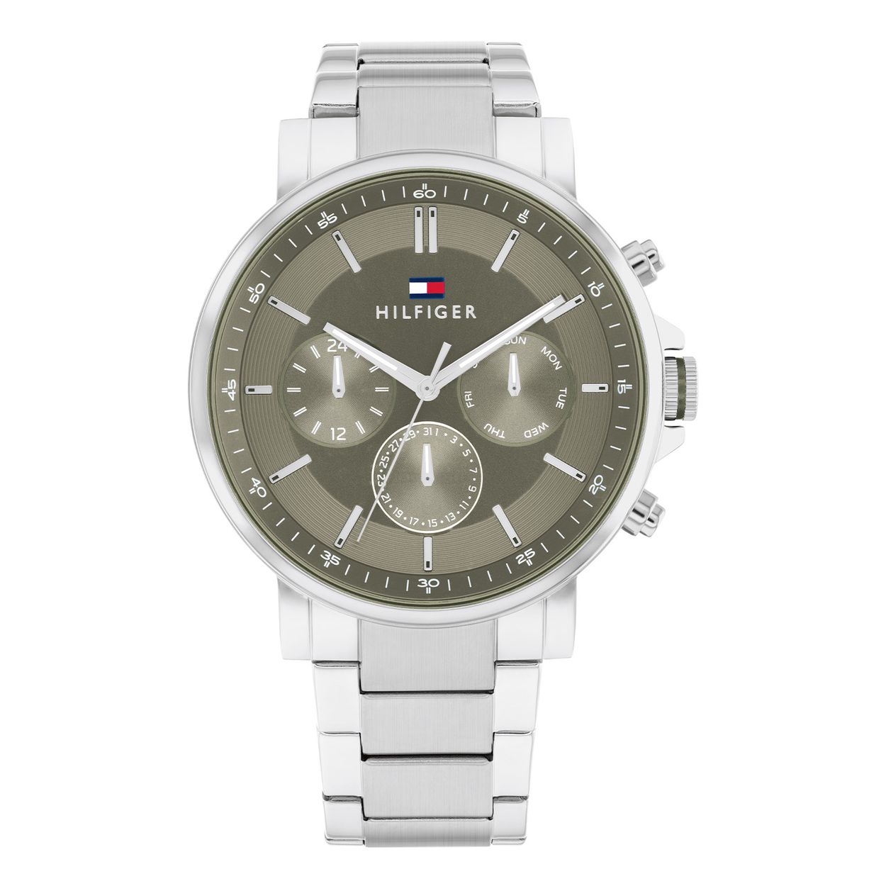 Tommy Hilfiger TH1710587 Horloge Heren Staal 44mm
Dit specifieke horloge van Tommy Hilfiger uit de Tyson serie met artikelnr: TH1710587 is een stijlvol horloge die zeker in je collectie past. Het stalen herenhorloge heeft een ronde zilverkleurige kast met een gladde bezel. Op de groene wijzerplaat zijn de datum,- dag en 24-uursaanduiding extra benadrukt. De wijzers hebben een lumibrite vulling en vallen daardoor goed op. Aan het nette horloge zit een zilverkleurige mat glimmende schakelband. Verder heeft het een mineraalglas, een doorsnee van 44mm en is 5ATM.  

Het merk:
Sinds de lancering van het merk in 1985 is Tommy Hilfiger wereldwijd bekend geworden als pionier van de klassieke Amerikaanse coole stijl. GeÃ¯nspireerd door de iconische popcultuur en het Amerikaanse erfgoed. De dames en herencollectie van dit seizoen bestaan uit minimalistische silhouetten en rustieke lederen details. De herenhorlogecollectie biedt iconische uurwerken met roestvrijstalen, lederen en siliconen banden.

Specificaties:
- Mineraalglas
- Ronde kast 44mm
- Zilverkleurige horlogekast
- Groene wijzerplaat
- Zilverkleurige schakelband
- 5ATM