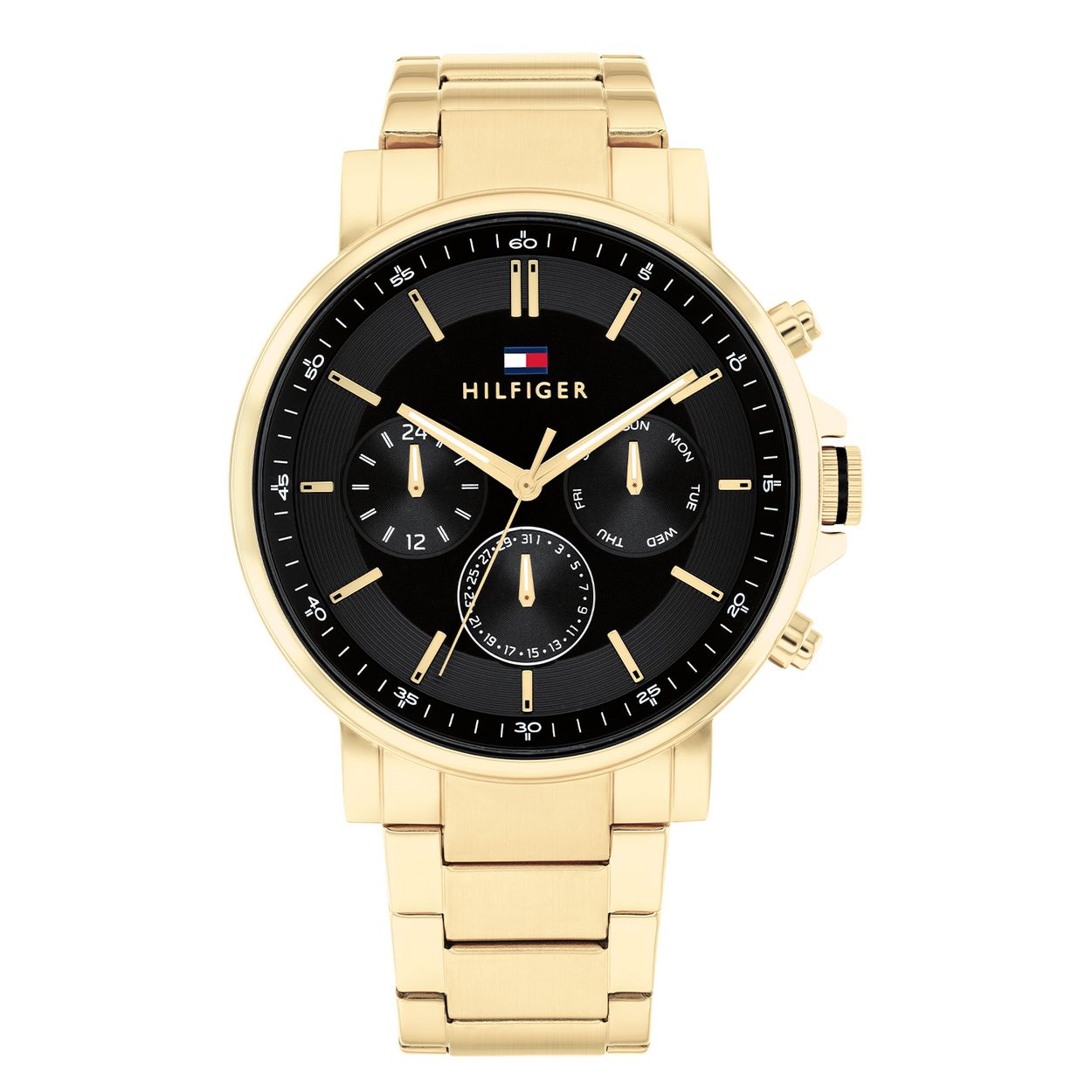 Tommy Hilfiger TH1710589 Horloge Heren Staal 44mm
Dit specifieke horloge van Tommy Hilfiger uit de Tyson serie met artikelnr: TH1710589 is een stijlvol horloge die zeker in je collectie past. Het stalen herenhorloge heeft een ronde goudkleurige kast met een gladde bezel. Op de zwarte wijzerplaat zijn de datum,- dag en 24-uursaanduiding extra benadrukt. De wijzers hebben een lumibrite vulling en vallen daardoor goed op. Aan het nette horloge zit een goudkleurige mat glimmende schakelband. Verder heeft het een mineraalglas, een doorsnee van 44mm en is 5ATM.  

Het merk:
Sinds de lancering van het merk in 1985 is Tommy Hilfiger wereldwijd bekend geworden als pionier van de klassieke Amerikaanse coole stijl. GeÃ¯nspireerd door de iconische popcultuur en het Amerikaanse erfgoed. De dames en herencollectie van dit seizoen bestaan uit minimalistische silhouetten en rustieke lederen details. De herenhorlogecollectie biedt iconische uurwerken met roestvrijstalen, lederen en siliconen banden.

Specificaties:
- Mineraalglas
- Ronde kast 44mm
- Goudkleurige horlogekast
- Zwarte wijzerplaat
- Goudkleurige schakelband
- 5ATM