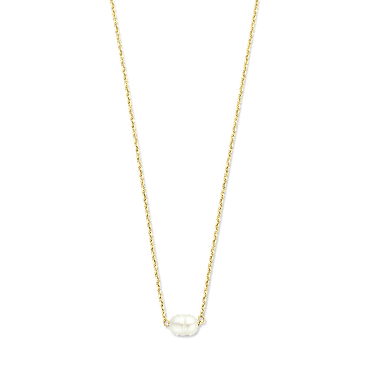 14k Geelgouden collier uitgevoerd met een zoetwaterparel. Het collier heeft heeft draaglengtes van 40, 42 en 44cm. De schakelbreedte is 1.0mm.
