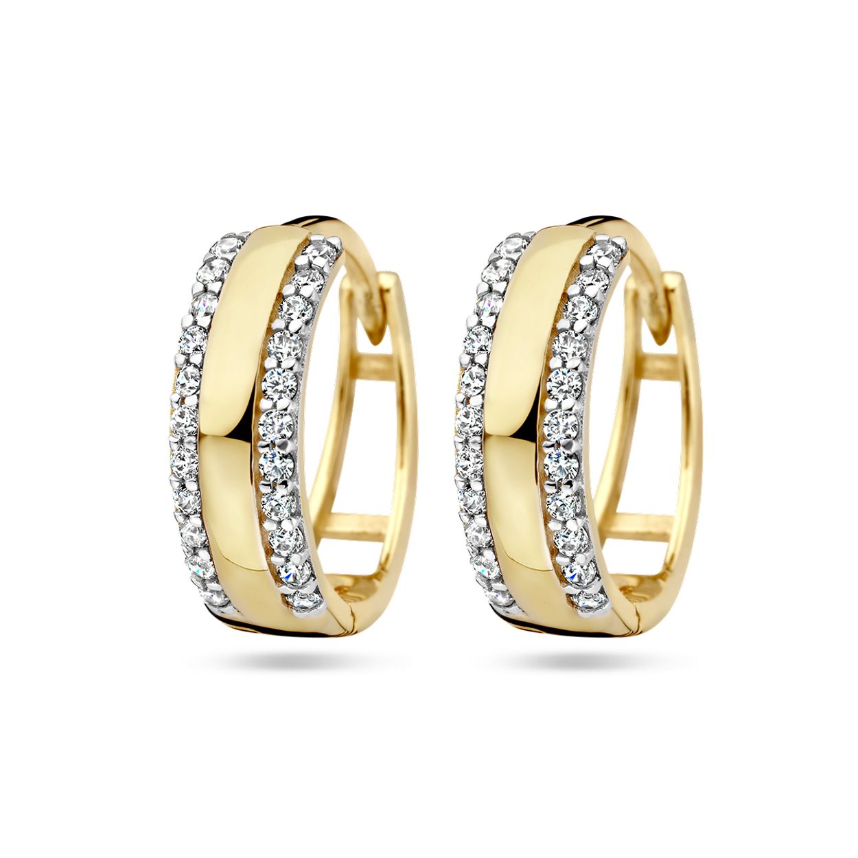 14k Geelgouden klapoorringen uitgevoerd met zirkonia. De oorringen hebben een diameter van 14mm.