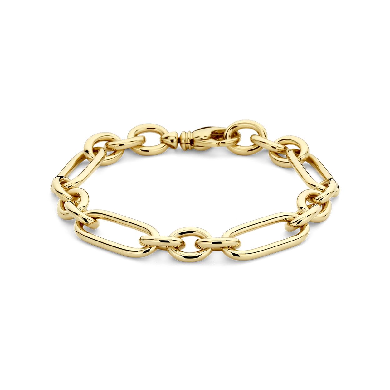 14k Geelgouden armband met een draaglengte van 21cm. De schakelbreedte is 10.7mm. Uitgevoerd met een karabijn sluiting.