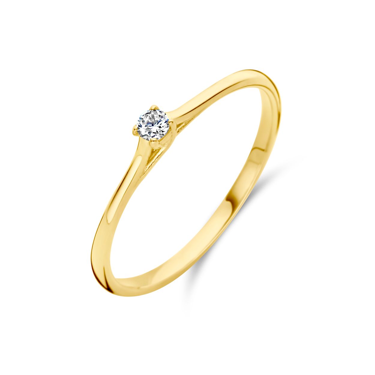 14k Geelgouden ring uitgevoerd met diamant 0,05crt. De ring heeft een breedte van 2.5mm.