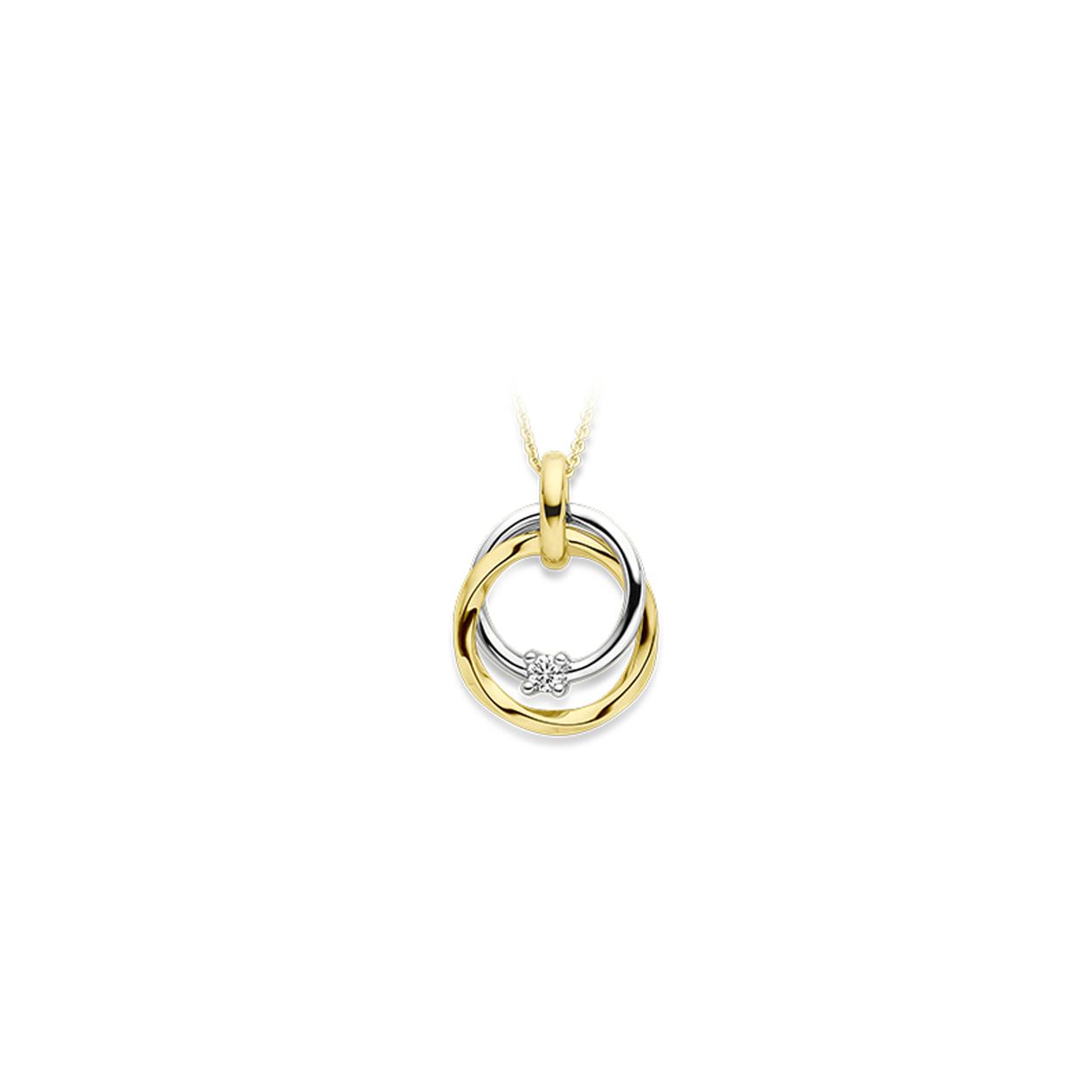 14 Karaat bi-color geel- en witgouden hanger uitgevoerd met 0.03 caraat diamant H/SI. De hanger heeft een totale hoogte van 15mm.