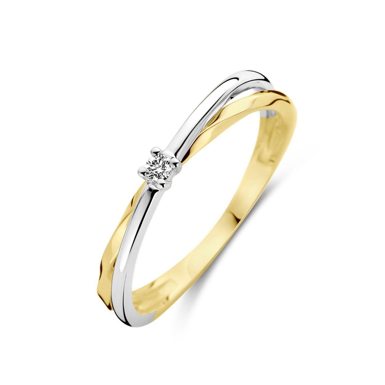 14k Bicolor wit- en geelgouden ring uitgevoerd met diamant. De ring heeft een breedte van 3mm.