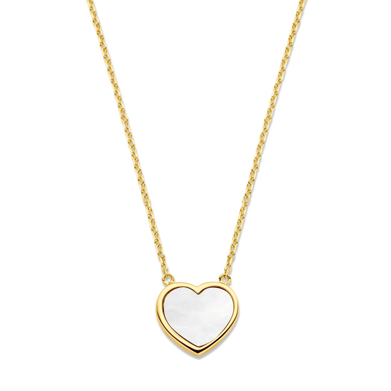 14k Geelgouden collier uitgevoerd met een hart en parelmoer. Het collier heeft een draaglengte van 43cm en een extensie van 2cm. het hart heeft een afmeting van 10.5x11.5mm. De schakelbreedte is 1.1mm. Uitgevoerd met een karabijn sluiting.