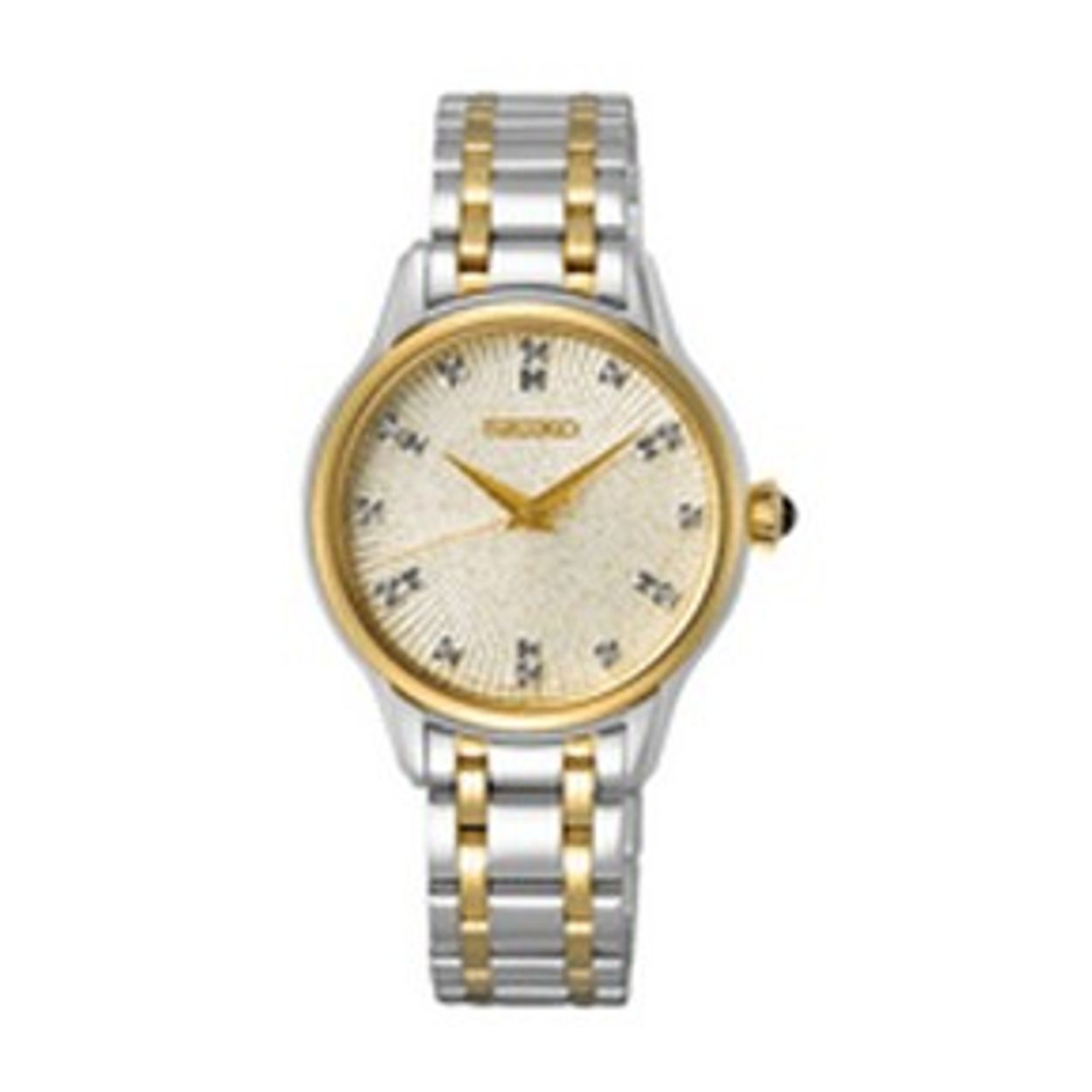 Dit is een dameshorloge van het merk Seiko. Het is een analoog horloge gemaakt van staal. De diameter van de kast is 29.5 mm en de kast is 6.3 mm dik.
De verdere specificaties van het horloge zijn als volgt:
Kastvorm: rond
Kastkleur: tweekleurig
Kastmateriaal: staal
Bandbreedte: 13 mm
Bandlengte: 219.5 mm
Sluiting: vouwsluiting met drukker
Wijzerplaatkleur: parelmoer
Glassoort: saffier glas
Waterdichtheid: 5 ATM
Techniek: quartz