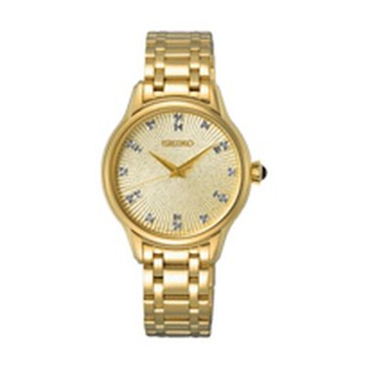 Dit is een dameshorloge van het merk Seiko. Het is een analoog horloge gemaakt van staal. De diameter van de kast is 29.5 mm en de kast is 6.3 mm dik.
De verdere specificaties van het horloge zijn als volgt:
Kastvorm: rond
Kastkleur: goudkleurig
Kastmateriaal: staal
Bandbreedte: 13 mm
Bandlengte: 219.5 mm
Sluiting: vouwsluiting met drukker
Wijzerplaatkleur: parelmoer
Glassoort: saffier glas
Waterdichtheid: 5 ATM
Techniek: quartz