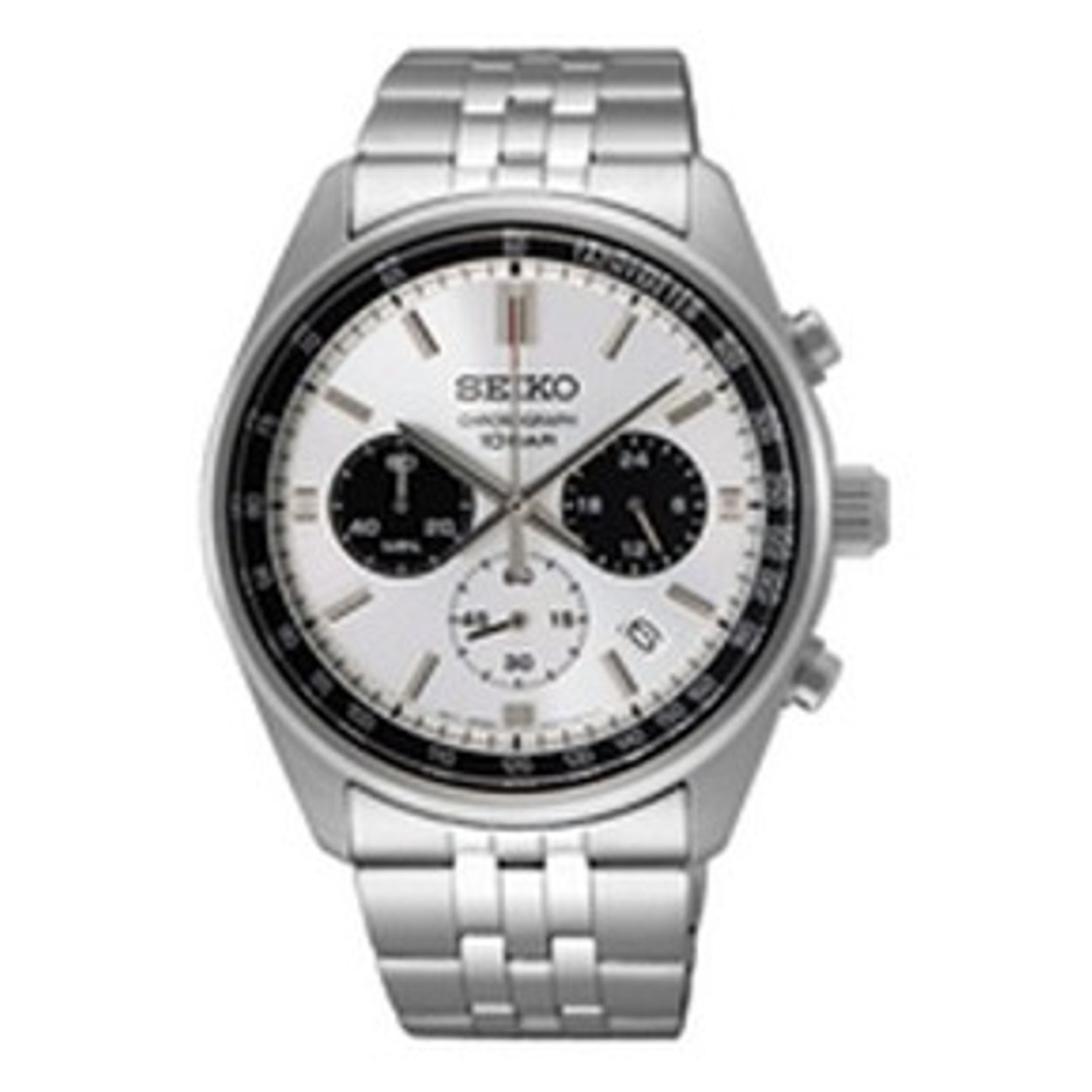 Dit is een herenhorloge van het merk Seiko. Het is een chronograaf horloge gemaakt van staal. De diameter van de kast is 41.5 mm en de kast is 12.1 mm dik.
De verdere specificaties van het horloge zijn als volgt:
Kastvorm: rond
Kastkleur: zilverkleurig
Kastmateriaal: staal
Bandbreedte: 22 mm
Bandlengte: 256.5 mm
Sluiting: vouwsluiting met drukker
Wijzerplaatkleur: zilverkleurig
Glassoort: hardlex mineraal glas
Waterdichtheid: 10 ATM
Techniek: quartz