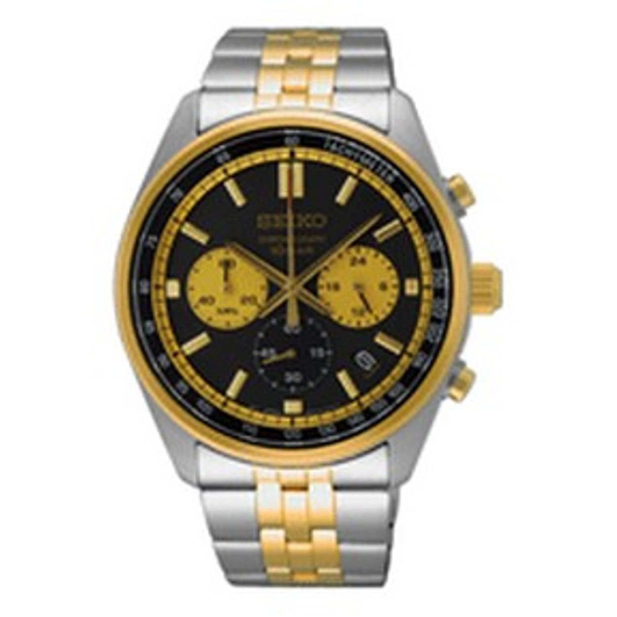 Dit is een herenhorloge van het merk Seiko. Het is een chronograaf horloge gemaakt van staal. De diameter van de kast is 41.5 mm en de kast is 12.1 mm dik.
De verdere specificaties van het horloge zijn als volgt:
Kastvorm: rond
Kastkleur: tweekleurig
Kastmateriaal: staal
Bandbreedte: 22 mm
Bandlengte: 256.5 mm
Sluiting: vouwsluiting met drukker
Wijzerplaatkleur: zwart
Glassoort: hardlex mineraal glas
Waterdichtheid: 10 ATM
Techniek: quartz