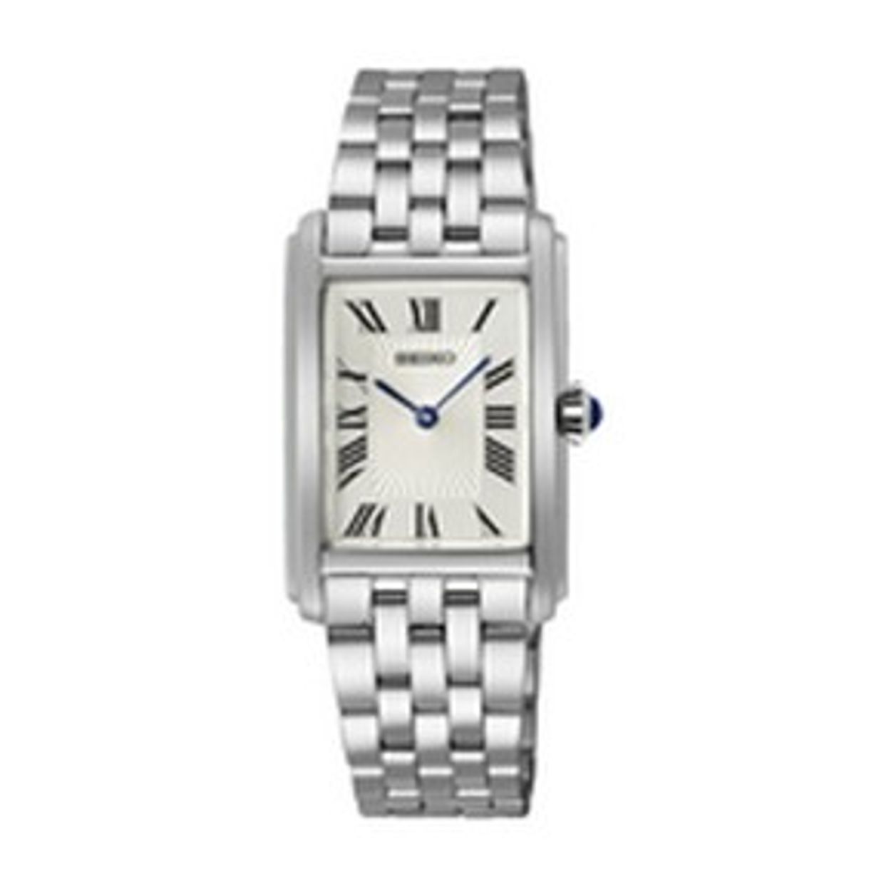 Dit is een dameshorloge van het merk Seiko. Het is een analoog horloge gemaakt van staal. De diameter van de kast is 22.2 mm en de kast is 6.9 mm dik.
De verdere specificaties van het horloge zijn als volgt:
Kastvorm: tonneau
Kastkleur: zilverkleurig
Kastmateriaal: staal
Bandbreedte: 16 mm
Bandlengte: 212.2 mm
Sluiting: vouwsluiting met drukker
Wijzerplaatkleur: crème
Glassoort: hardlex mineraal glas
Waterdichtheid: 5 ATM
Techniek: quartz
