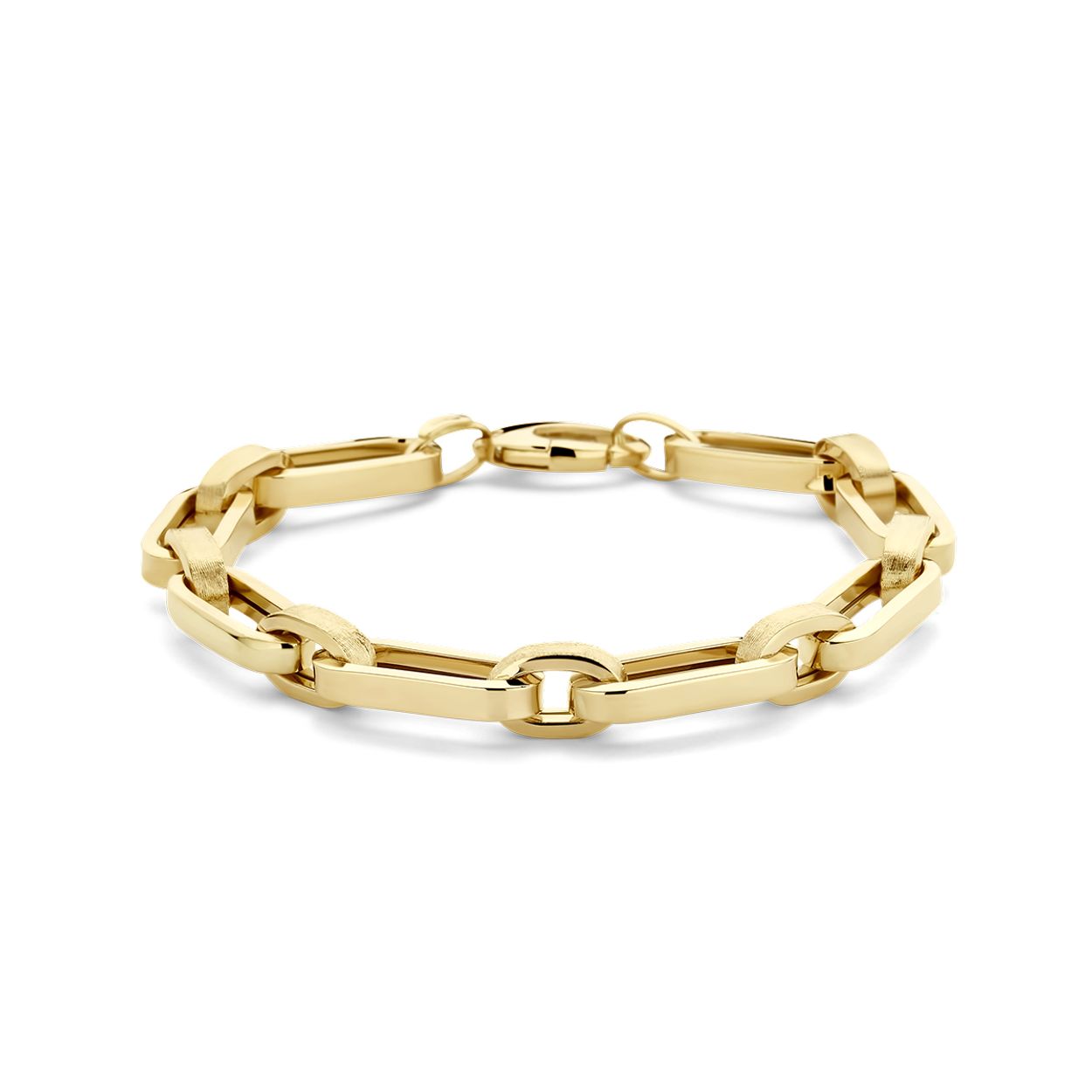 14k Geelgouden armband met een schakelbreedte van 8mm. De armband heeft een draaglengte van 20.5cm. Uitgevoerd met een karabijn sluiting.