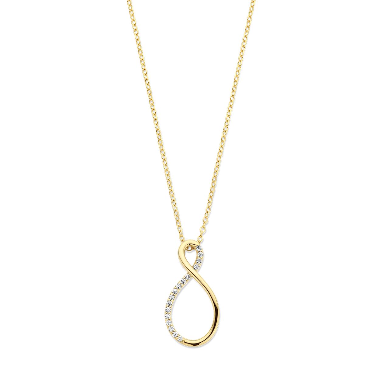 14k Geelgouden collier met zirkonia. Het collier heeft draaglengtes van 43 en 45cm. De schakelbreedte is 1.3mm. Uitgevoerd met een karabijn sluiting.