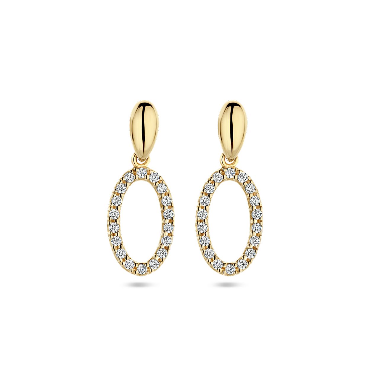 14k Geelgouden oorhangers uitgevoerd met zirkonia. De oorhangers hebben een totale hoogte van 20mm.