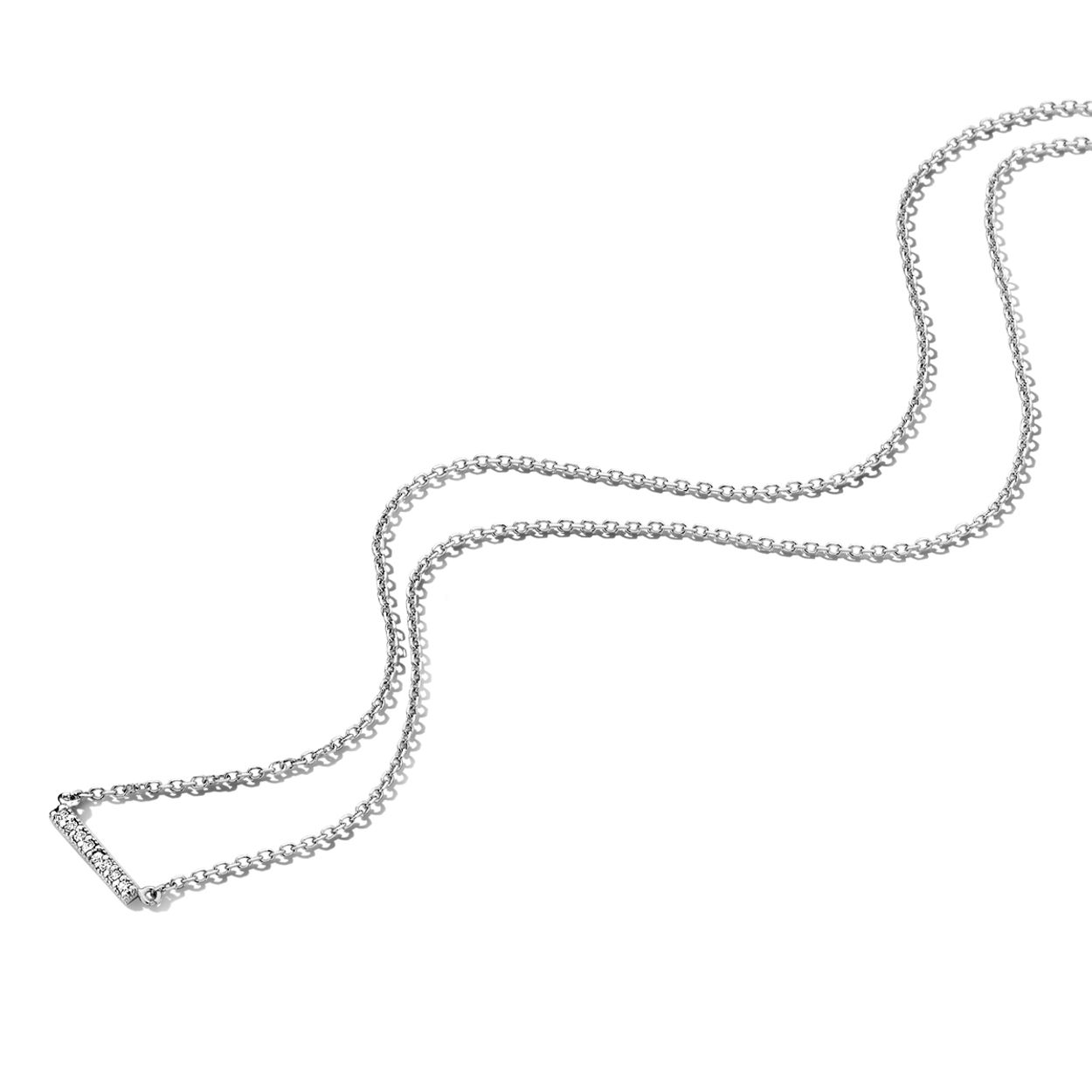 14k Witgouden collier uitgevoerd met een balkje en diamanten. Het collier heeft draaglengtes van 42 en 45 cm. De schakelbreedte is 1.0mm.