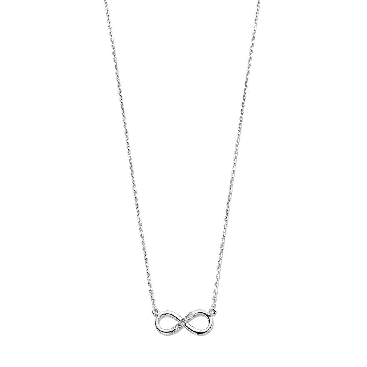 14k Witgouden collier uitgevoerd met infinity en diamanten. Het collier heeft draaglengtes van 42 en 45cm. De schakelbreedte is 1mm.