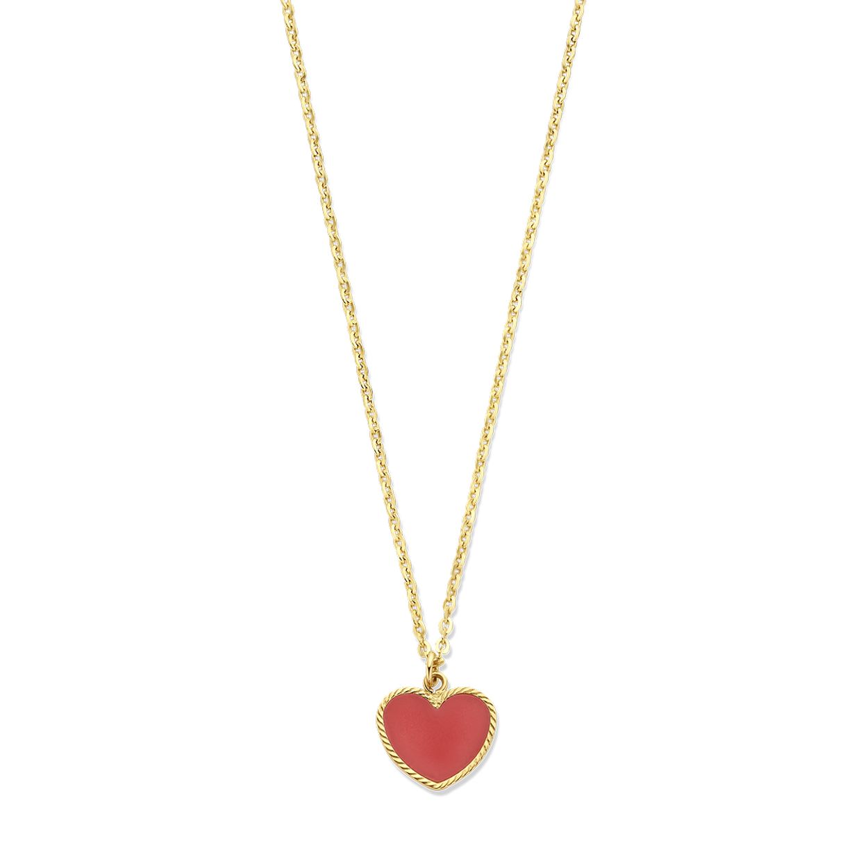 14k Geelgouden collier uitgevoerd met hart en rode pasta. Het collier heeft een schakelbreedte van 1.5mm en draaglengtes van 40-42cm. Uitgevoerd met karabijnsluiting.