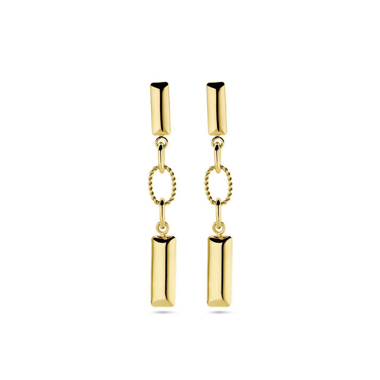 14k Geelgouden oorringen uitgevoerd met balkjes. De oorhangers hebben een totale hoogte van 42mm.