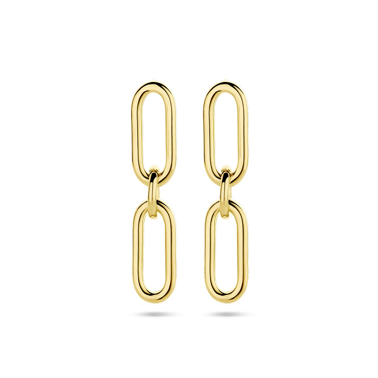 Geelgoud op 925 zilveren paperclip oorhangers. De oorhangers hebben een totale hoogte van 39mm. Geen garantie op plating.