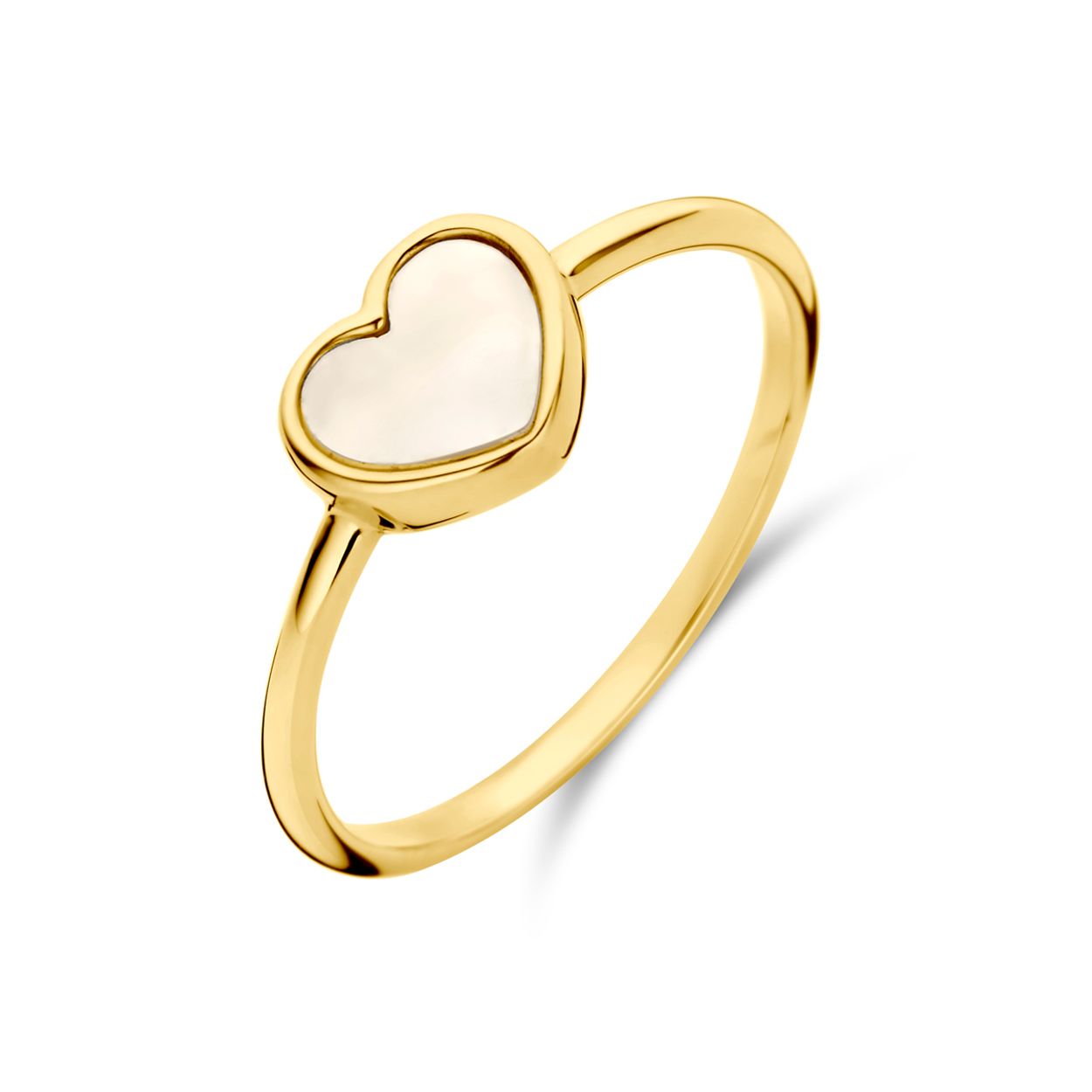 14k Geelgouden ring met een hart van 7x8mm. Uitgevoerd met parelmoer.