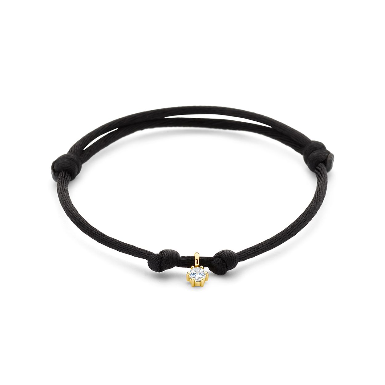 Zwart gevlochten armband uitgevoerd met een 14k geelgouden hanger met geboortesteen. De armband heeft draaglengtes van 13 tot 26cm.