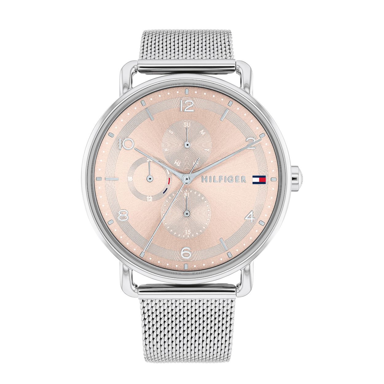 Dit Tommy Hilfiger horloge behoort tot de Lily collectie.
Referentienummer: TH1782662

Dit horloge van Tommy Hilfiger is een fashion horloge die zeker in je collectie past. Het stalen dameshorloge heeft een ronde zilverkleurige kast met een gladde bezel. Op de roze sunray wijzerplaat zijn de dag,- datum,- 24-uursaanduiding en de wijzers op minimalistische manier zichtbaar. Het horloge is multifunctioneel en heeft een zilverkleurige milanese band, een mineraalglas, een doorsnee van 40mm en is 3ATM.  
